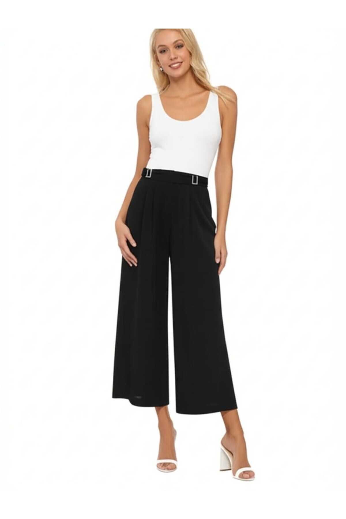 SSO Kadın Yüksek Bel Tokalı Kemer Görünümü Wide-leg (Geniş Paça) Palazzo Pantolon