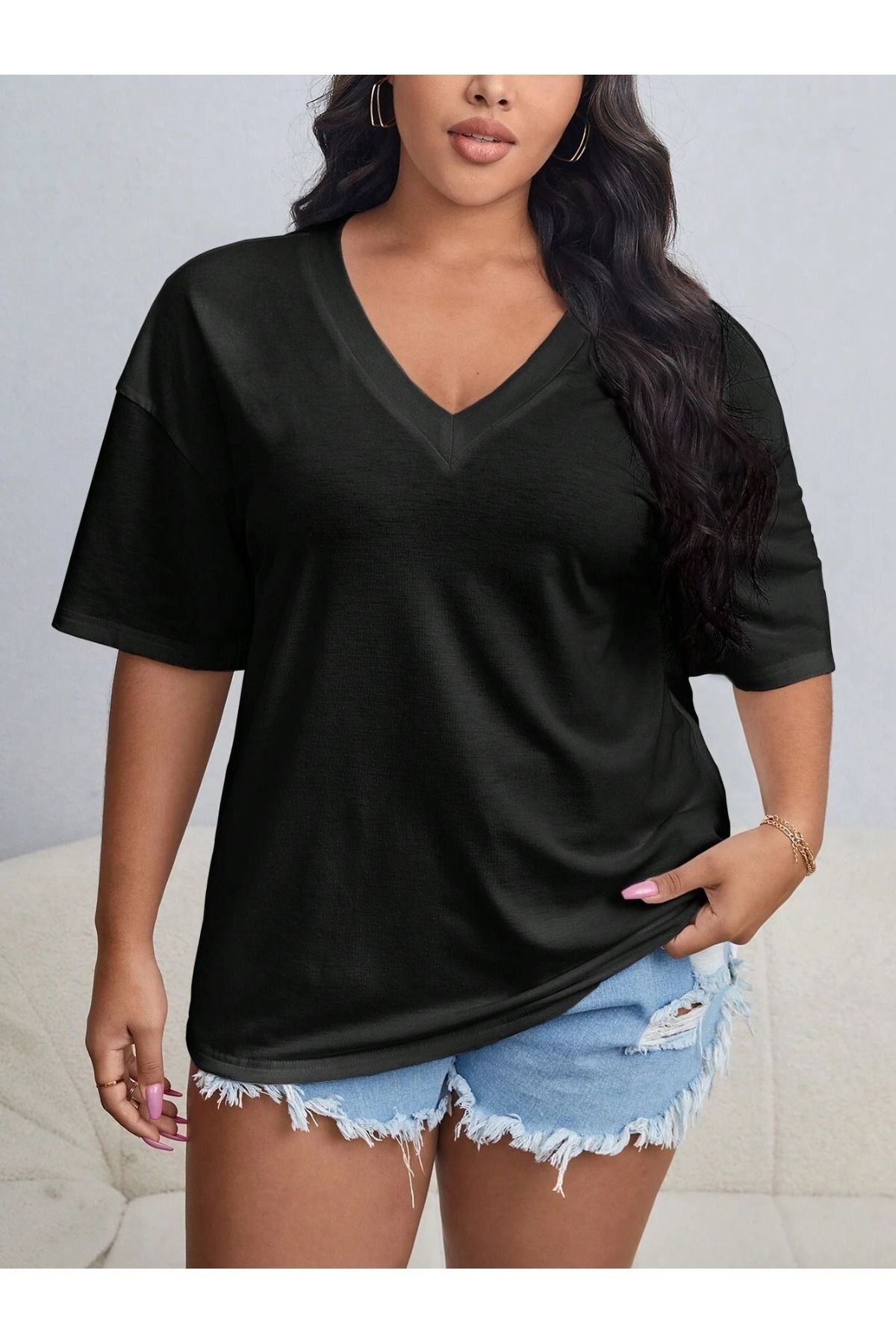 Tarzsokak Kadın / Kız V Yaka Düz & Baskılı Siyah / Beyaz Oversize T-shirt Salaş