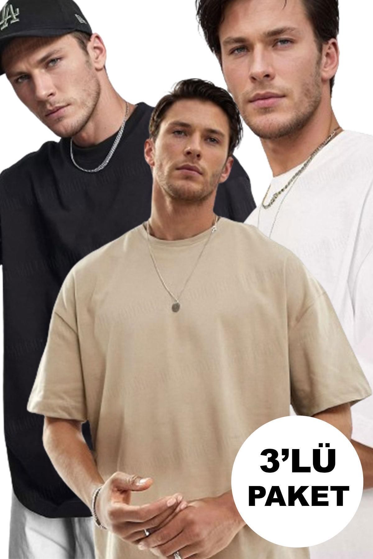 Tarzsokak Erkek 3'lü Siyah, Beyaz ve Camel Basic Düz Baskısız Oversize Salas Boyfriend