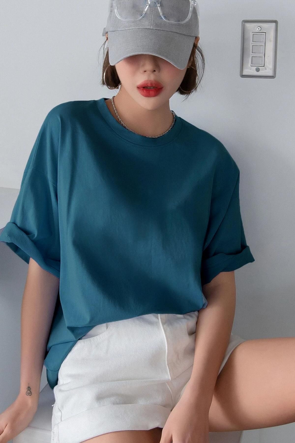 Tarzsokak Petrol Mavisi Basic Düz Baskısız Oversize Salas Boyfriend Kadın