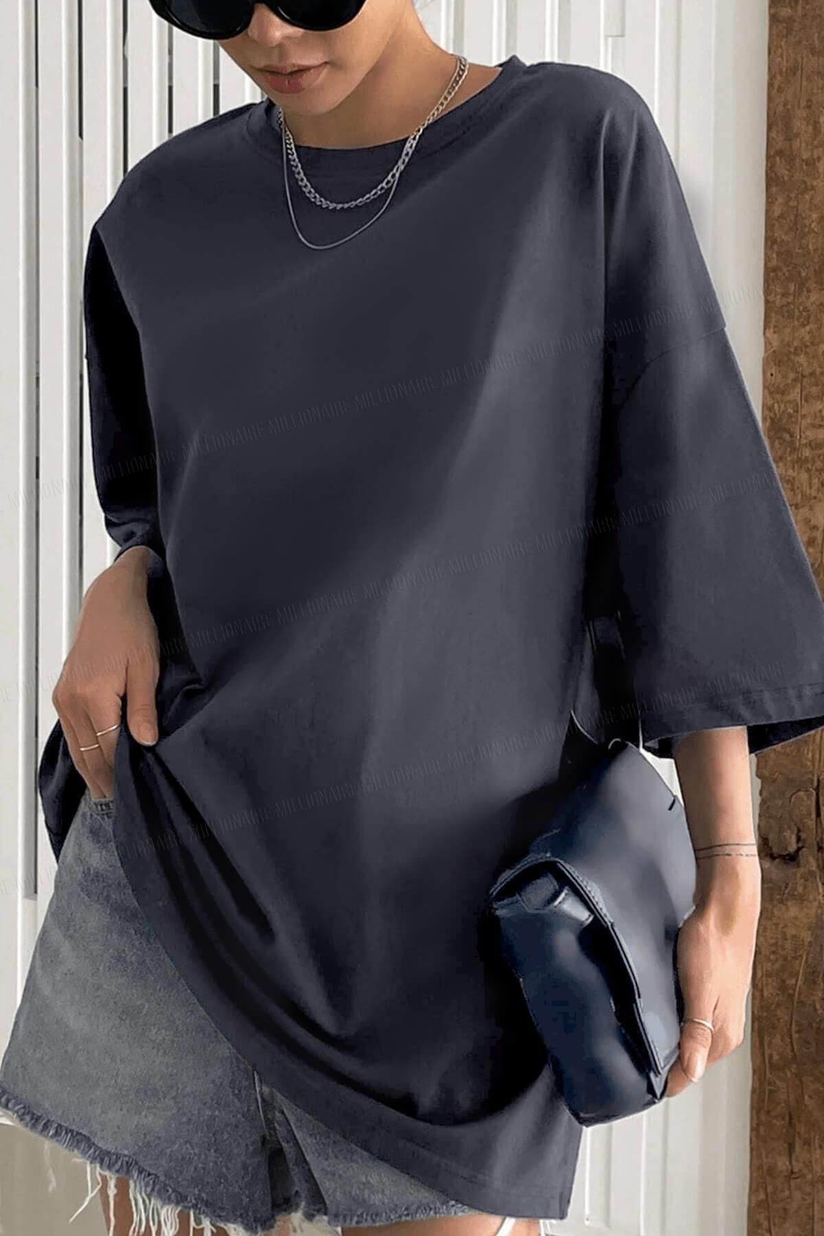 Tarzsokak Füme Basic Düz Baskısız Oversize Salas Boyfriend Kadın