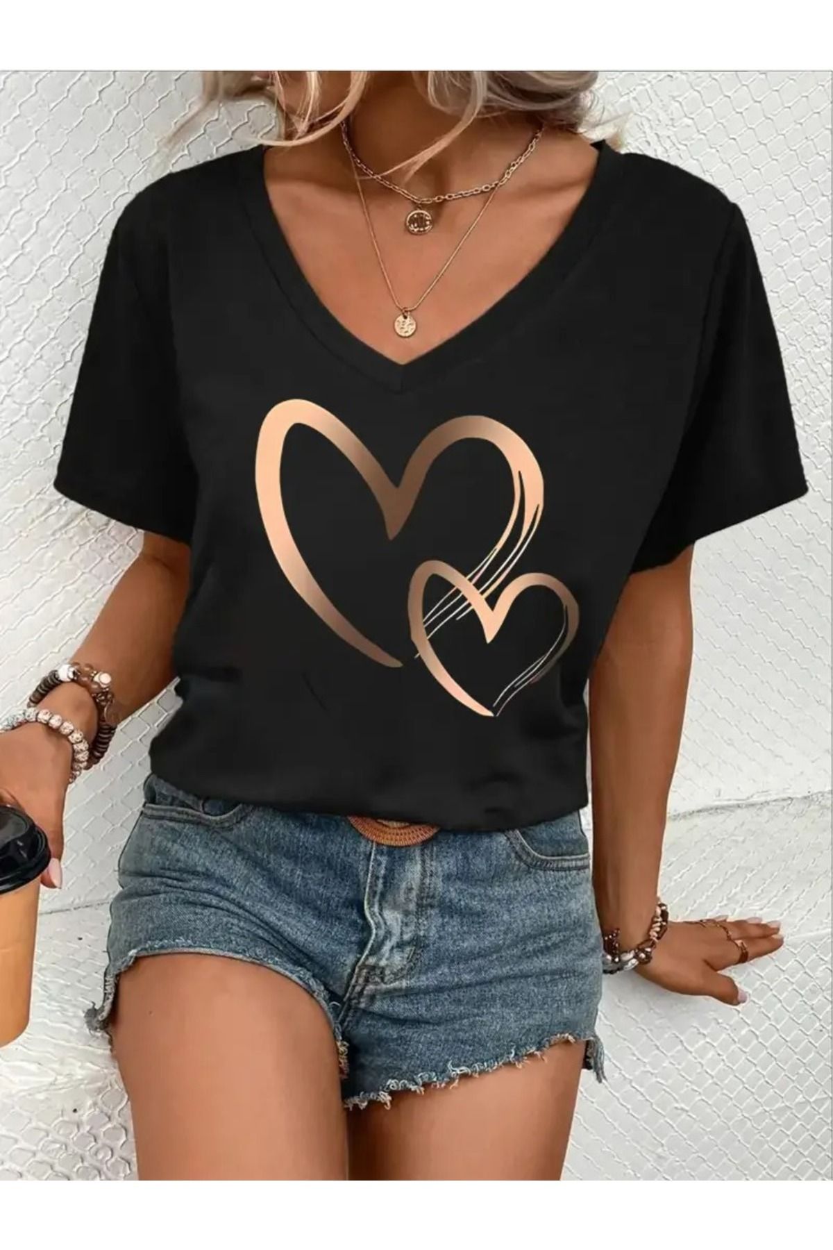 Tarzsokak Kadın V yaka Beyaz Siyah T-Shirt Baskılı Oversize