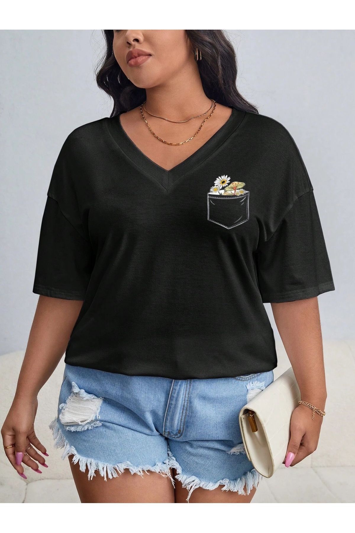Tarzsokak Kadın / Kız V Yaka Düz & Baskılı Siyah / Beyaz Oversize T-shirt Salaş