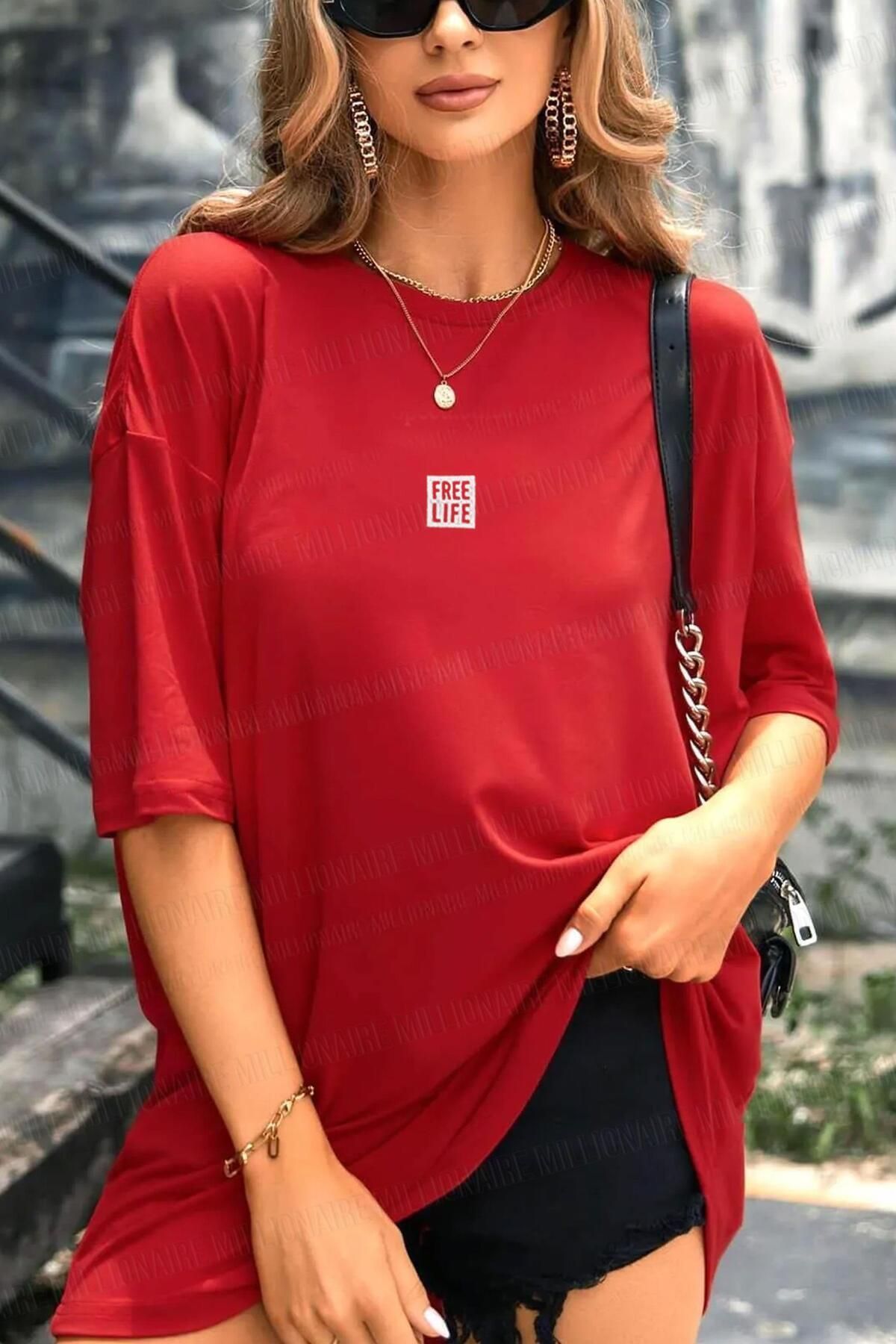 Tarzsokak Kadın Kırmızı Free Life Bisiklet Yaka Oversize Salas