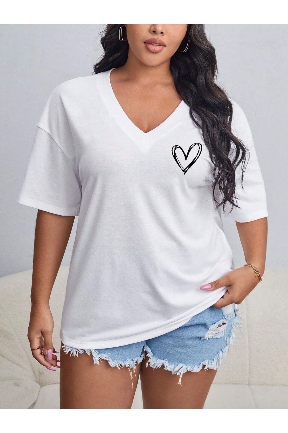 Tarzsokak Kadın / Kız V Yaka Baskılı & Düz Beyaz Oversize T-shirt Salaş