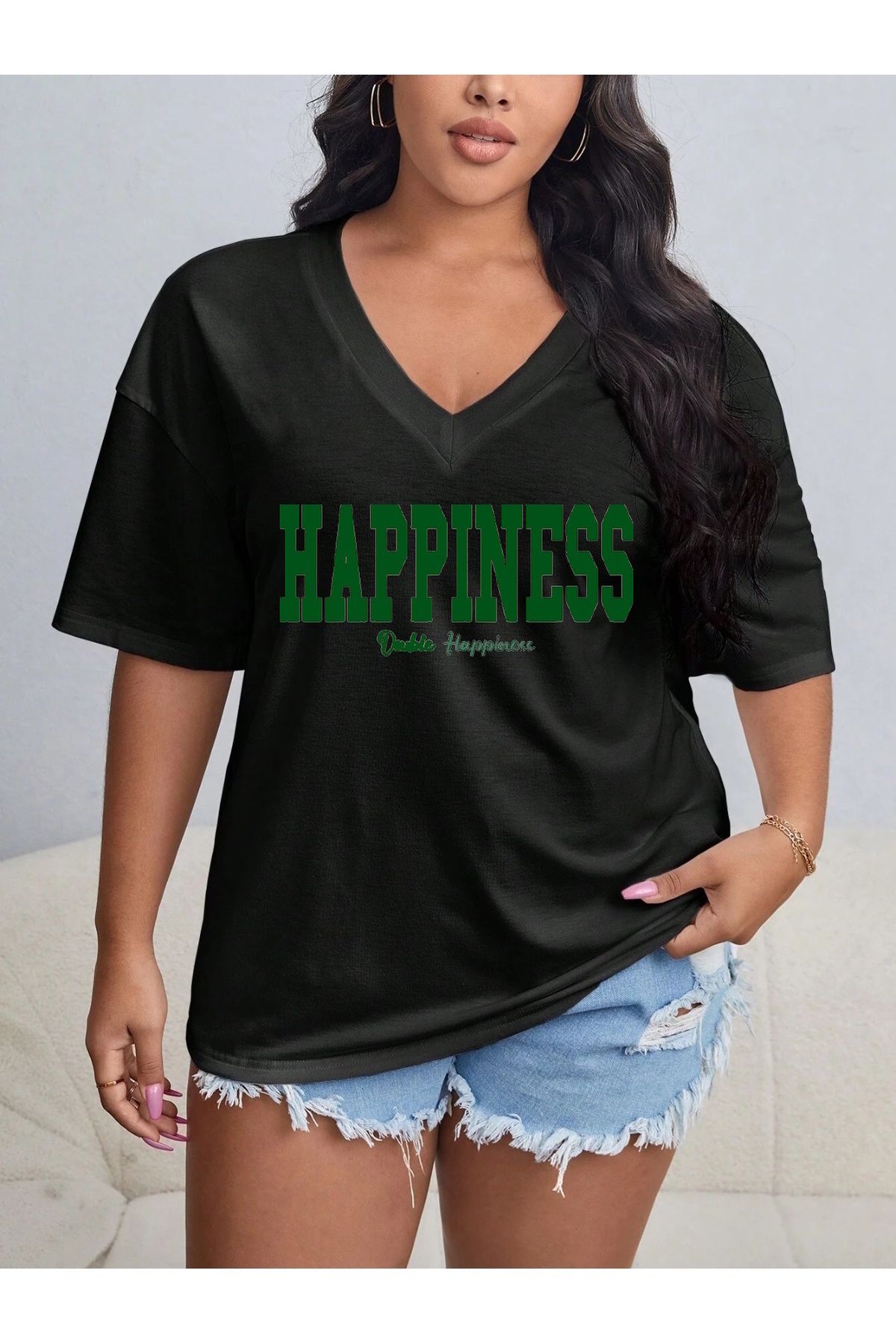 Tarzsokak Kadın / Kız V Yaka Düz & Baskılı Siyah / Beyaz Oversize T-shirt Salaş