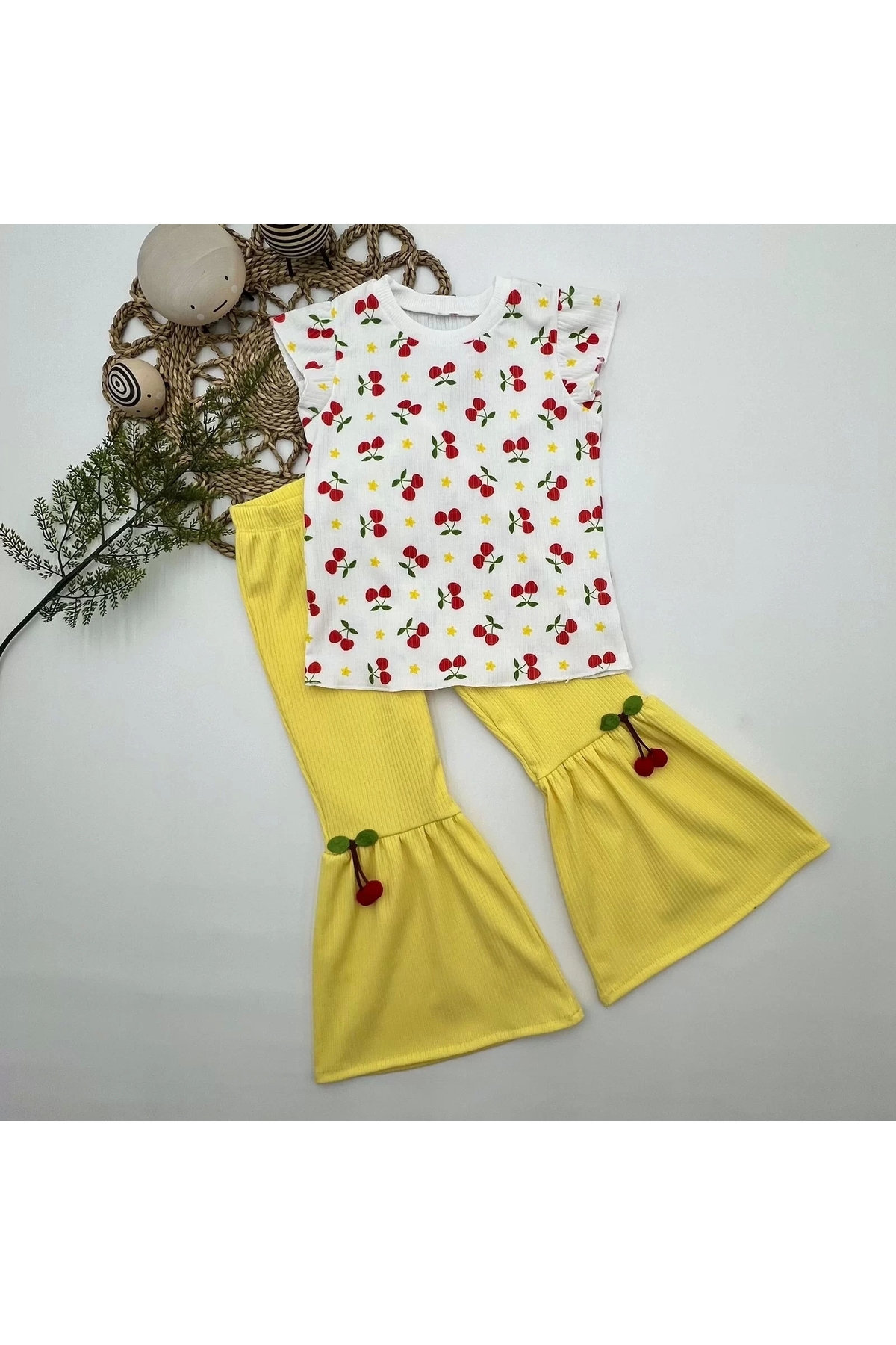 ALFA AKSESUAR 03 1-2-3-4 Yaş Kiraz Baskılı Tişört İspanyol Paçalı Likralı 2li Kız Çocuk Takımı Sarı fotoğrafı 5 (önizleme)