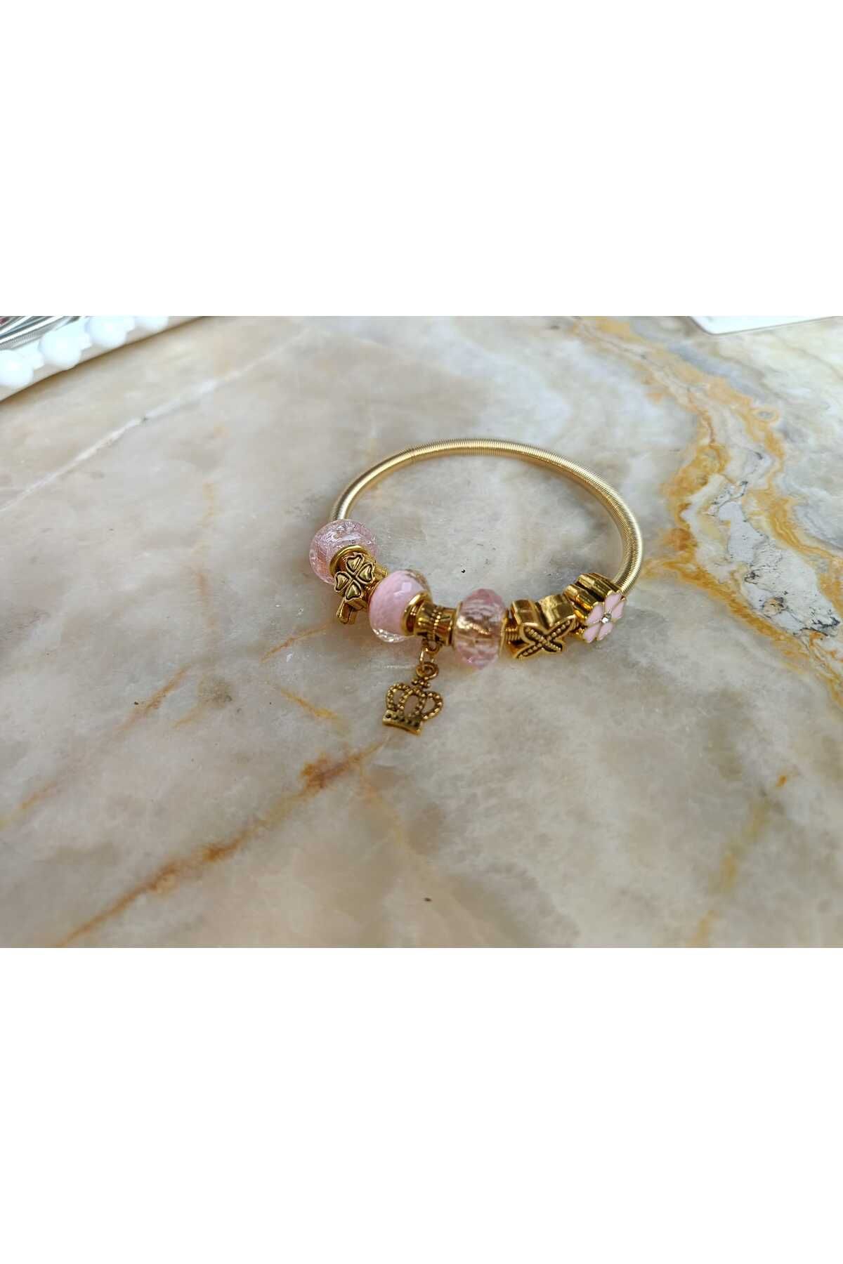 Store 316L Pembe Çiçek Desenli Esnek Ayarlanabilir Paslanmaz Çelik Gold Bileklik