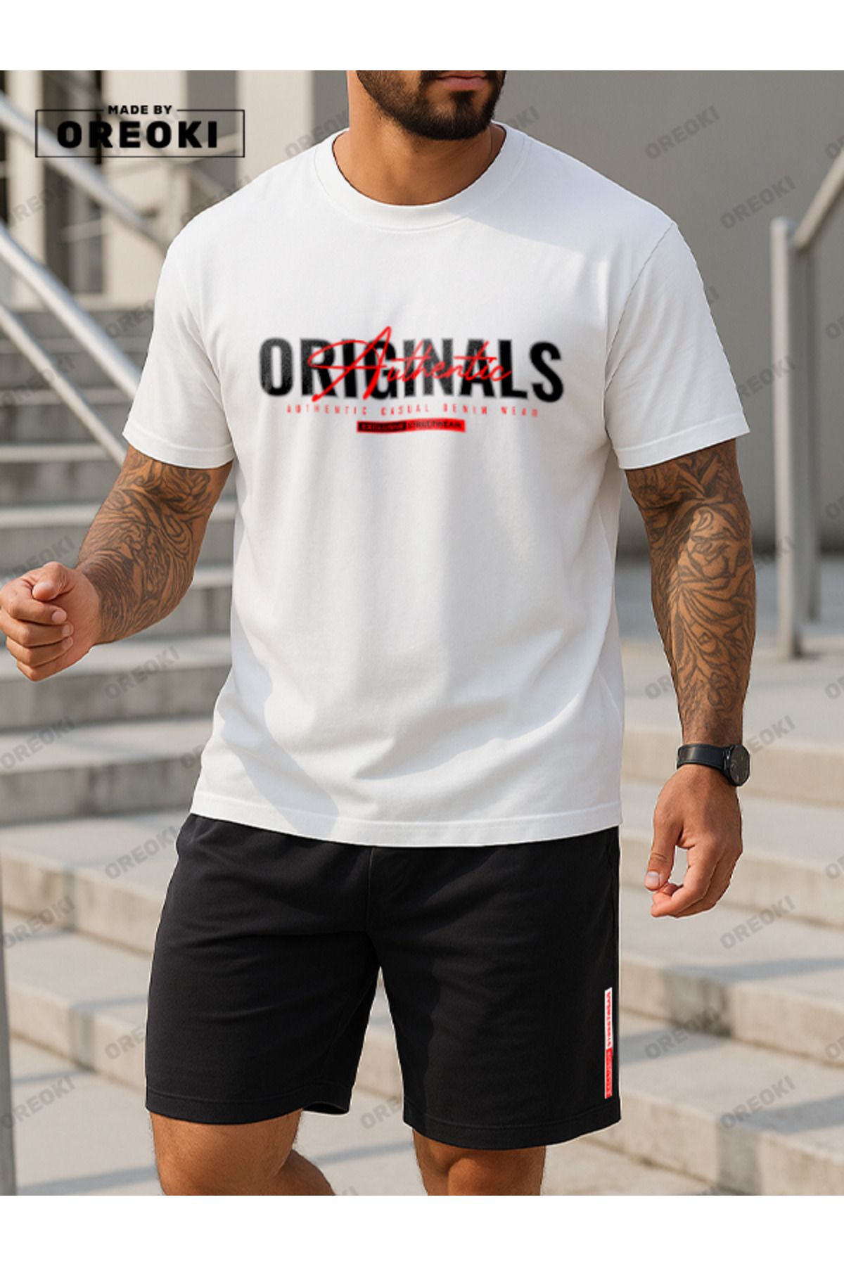 EFFRENATU Orijinal Sokak Giyimi Baskılı Pamuklu Kumaş Erkek Beyaz T-shirt-Siyah Şort Takım