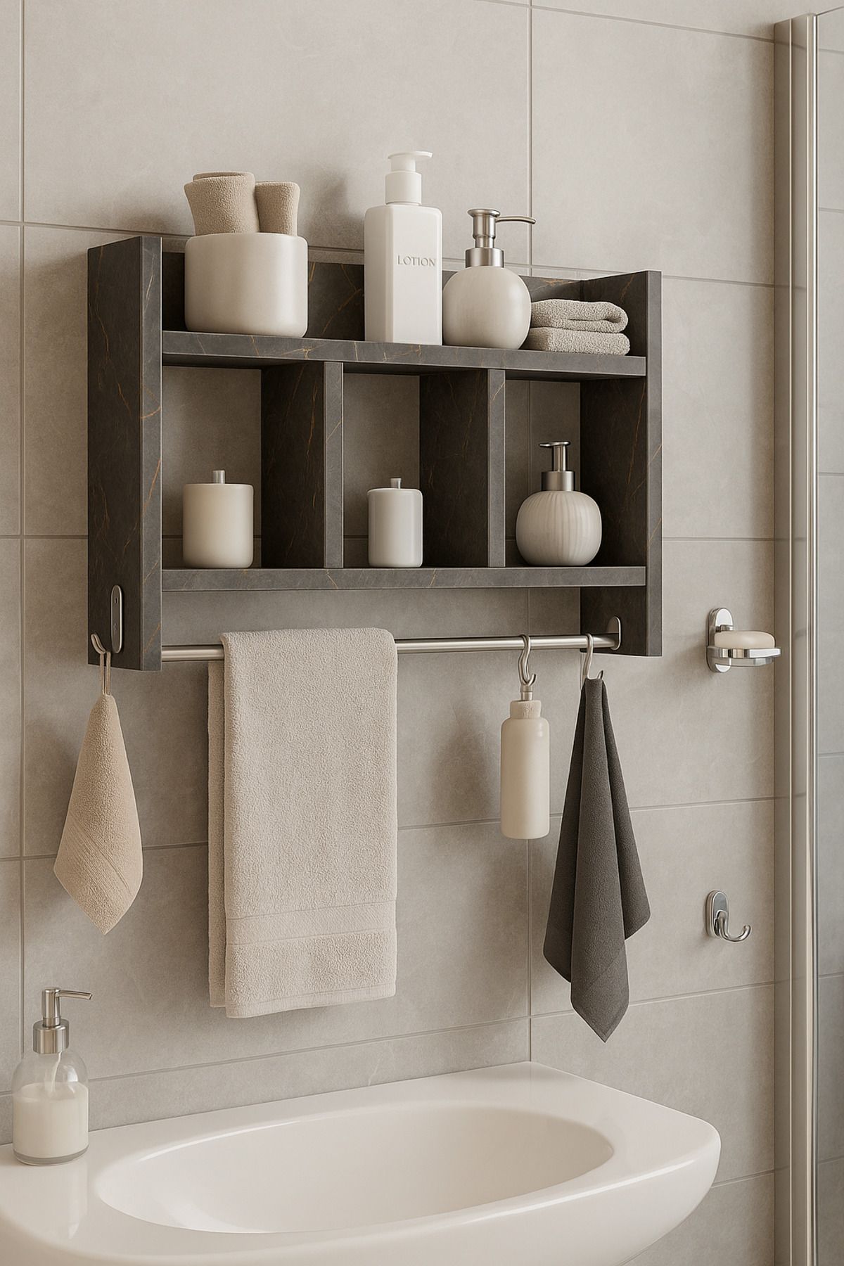 moka park avm-Redbud Multi-Purpose Bathroom Shelf Functional Design Hanger Organizer 3