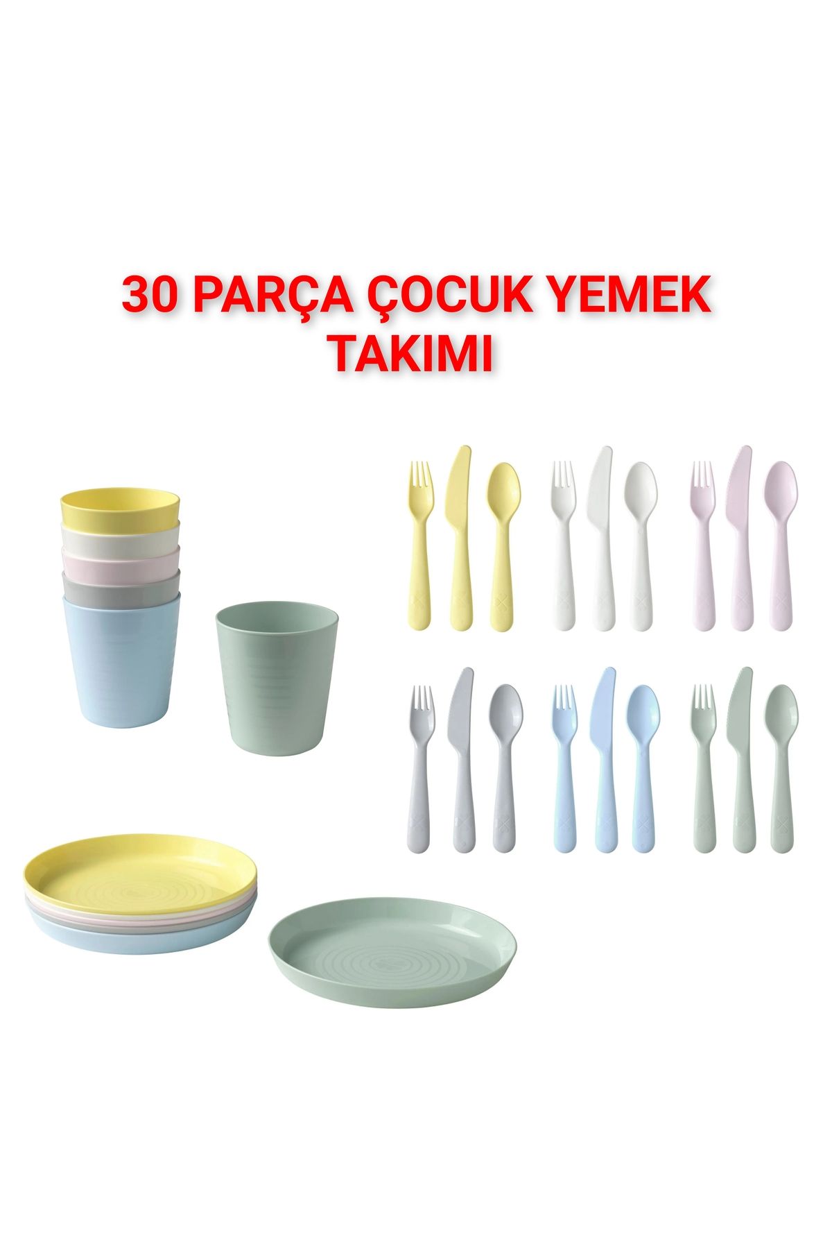IKEA KALİTELİ 30 Parça Çocuk Yemek Seti Ikea 6 Tabak 6 Bardak 6 Kaşık 6 Çatal 6 Bıçak