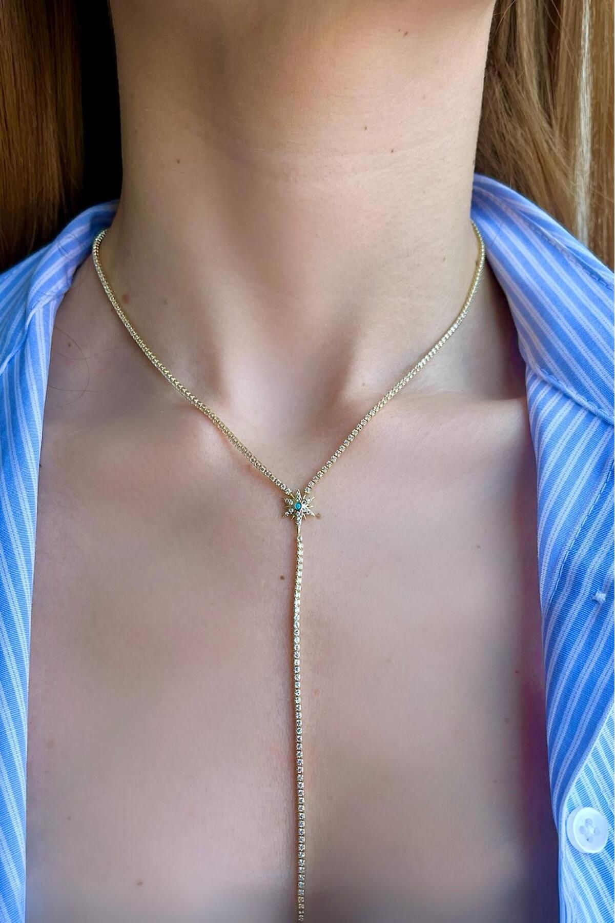 Bijou Luz Gold Kutup Yıldız Detaylı Su Yolu Zincir Y Kolye