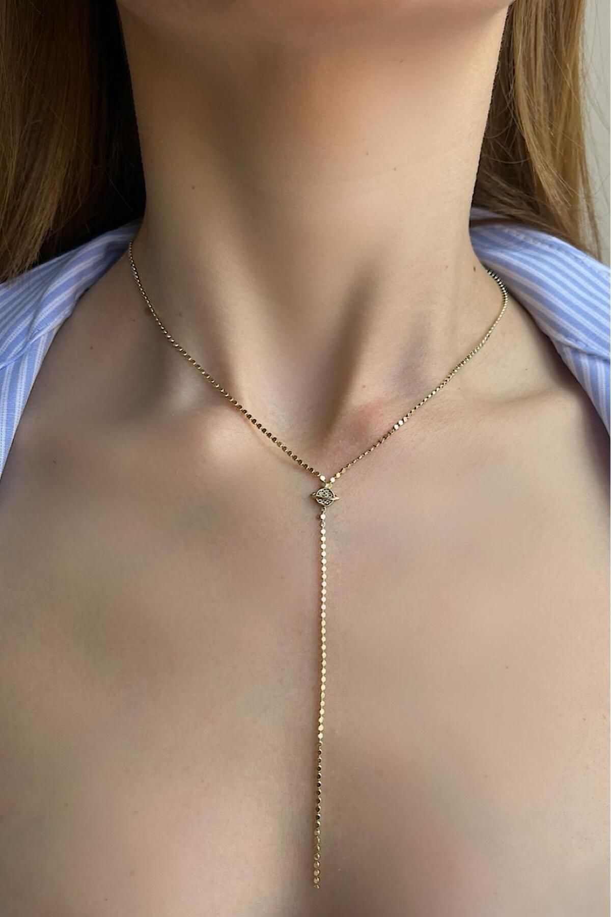 Bijou Luz Gold Satürn Detaylı Ezme Top Zincirli Y Kolye