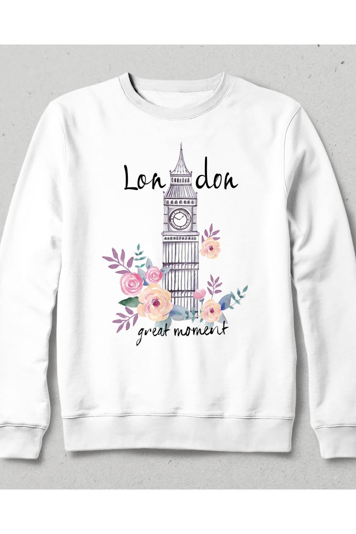 Pisa Art Kadın London Beyaz Cepsiz Kapşonsuz Sweatshirt