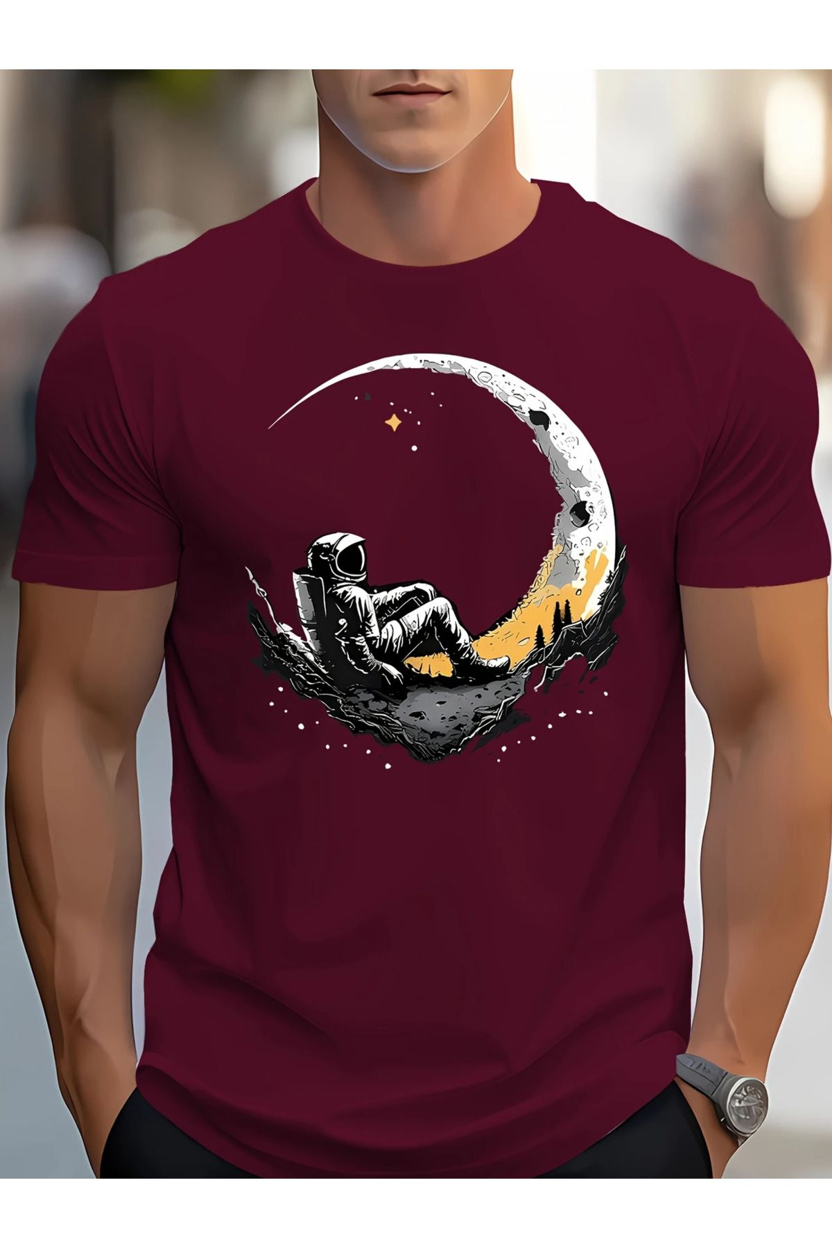 aynewmoda Astronot ve Ay Grafikli Tişört - Kısa Kollu, Yuvarlak Yaka,