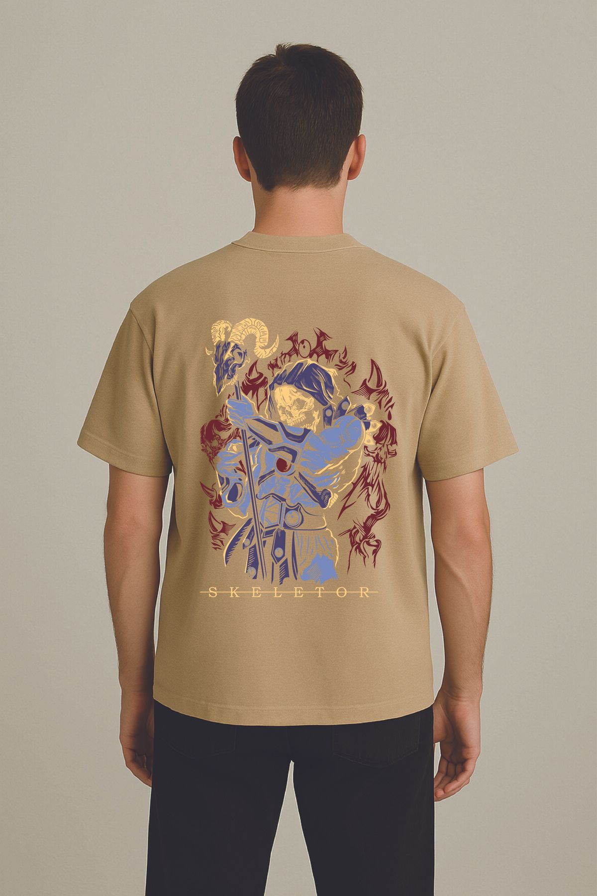 By Caspita Fashion Lenithra He-Man Skeletor Anime Sırt Baskılı Unisex Oversize Bej T-shirt