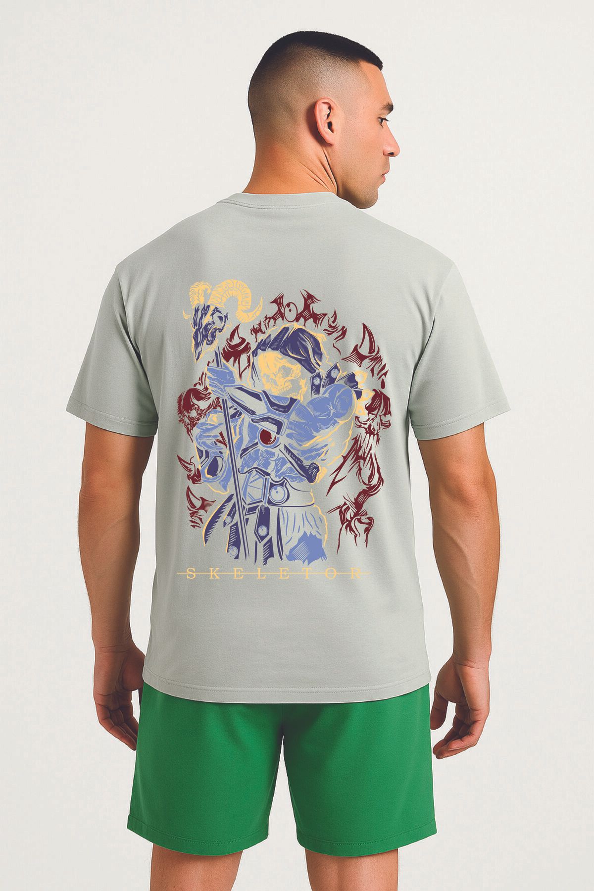 By Caspita Fashion Lenithra He-Man Skeletor Anime Sırt Baskılı Unisex Oversize Gri T-shirt