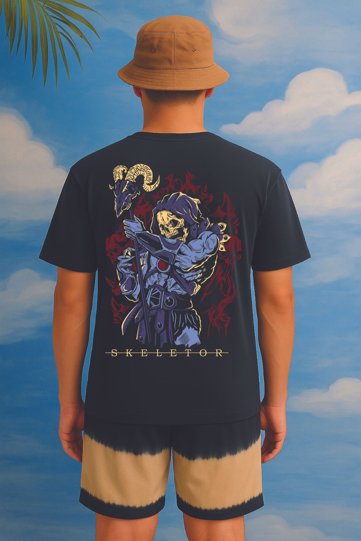 By Caspita Fashion Lenithra He-Man Skeletor Anime Sırt Baskılı Unisex Oversize Füme T-shirt