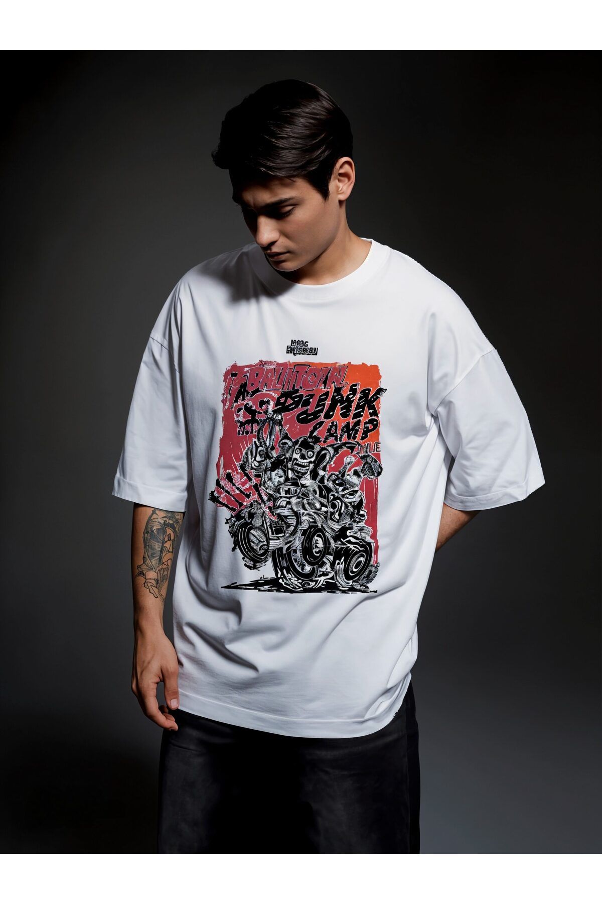 ELNOYA Unisex Pamuklu Beyaz Oversize "Dunk Camp" Baskılı Bisiklet Yaka Rahat Günlük T-shirt