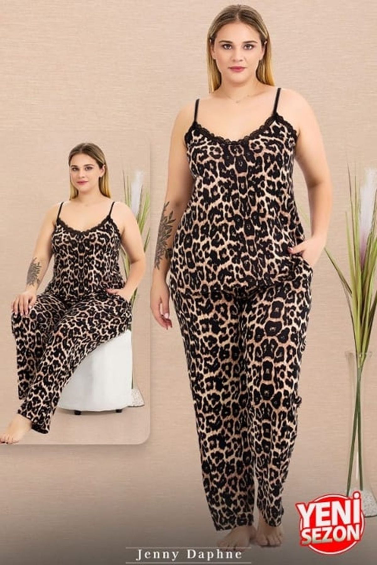 Modus Vivendi İnce Askılı Cepli Büyük Beden Leopar Desenli Pijama Takımı