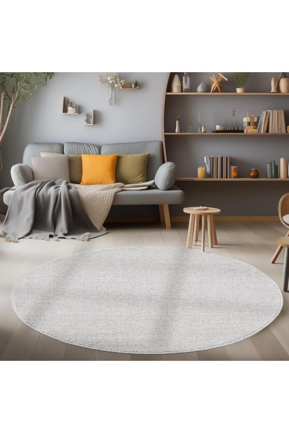 Karpetica Yuvarlak Sisal Yumuşak Polipropilen Jüt Tabanlı Gümüş Renkli Halı