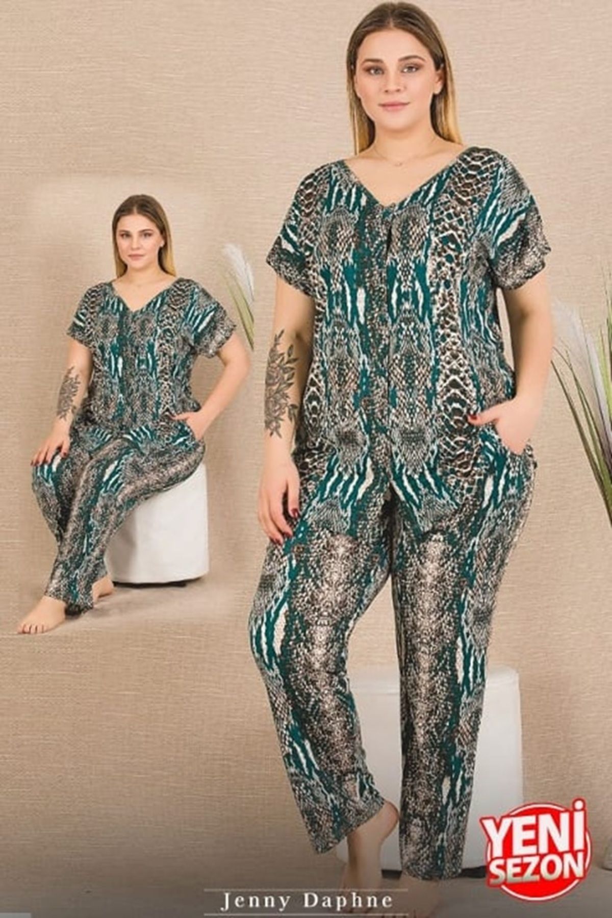 Modus Vivendi Cepli Yılan Desenli Büyük Beden Düğmeli Kısa Kollu Pijama Takımı