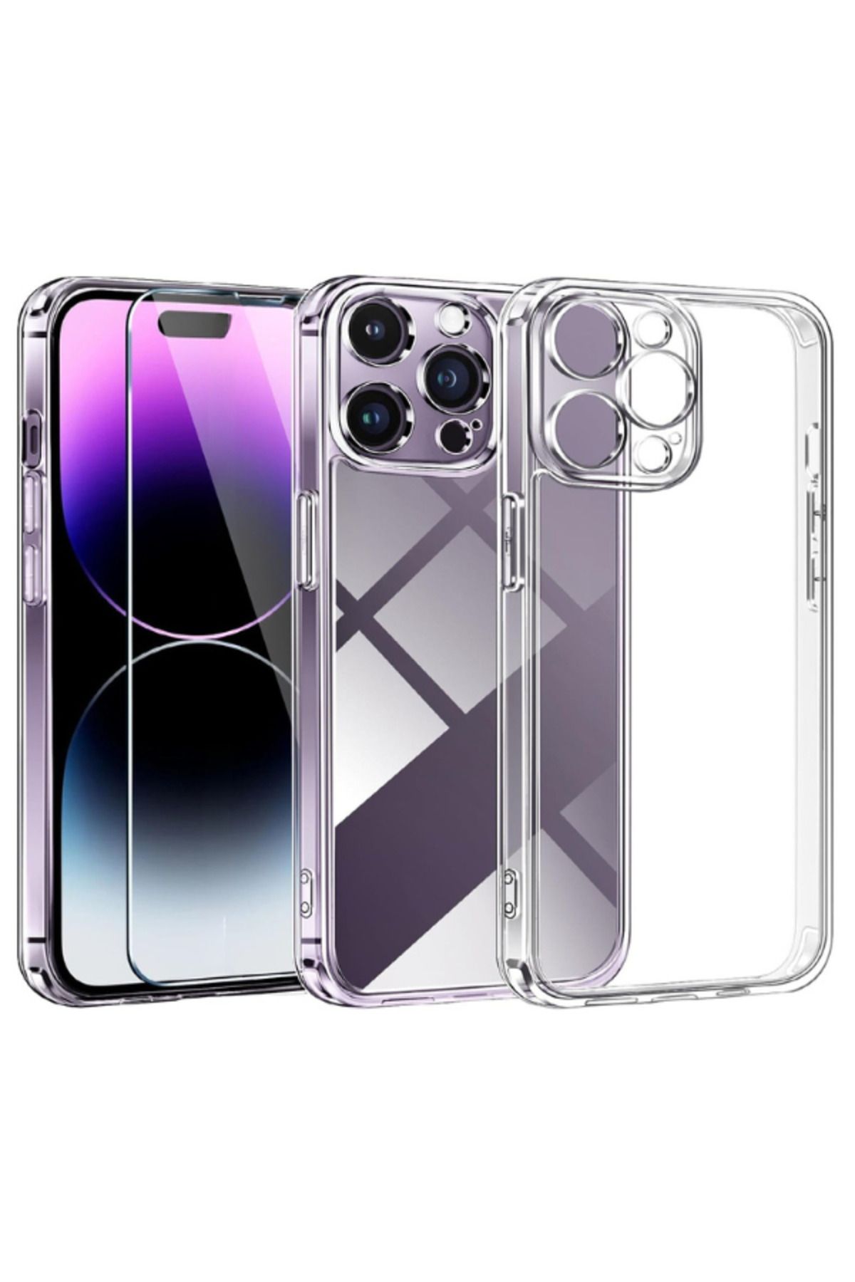 EVAX 1C1K iPhone 14 Pro Uyumlu 1 Kamera Korumalı Şeffaf Silikon Kılıf + 1 Temperli Cam Ekran Koruyucu