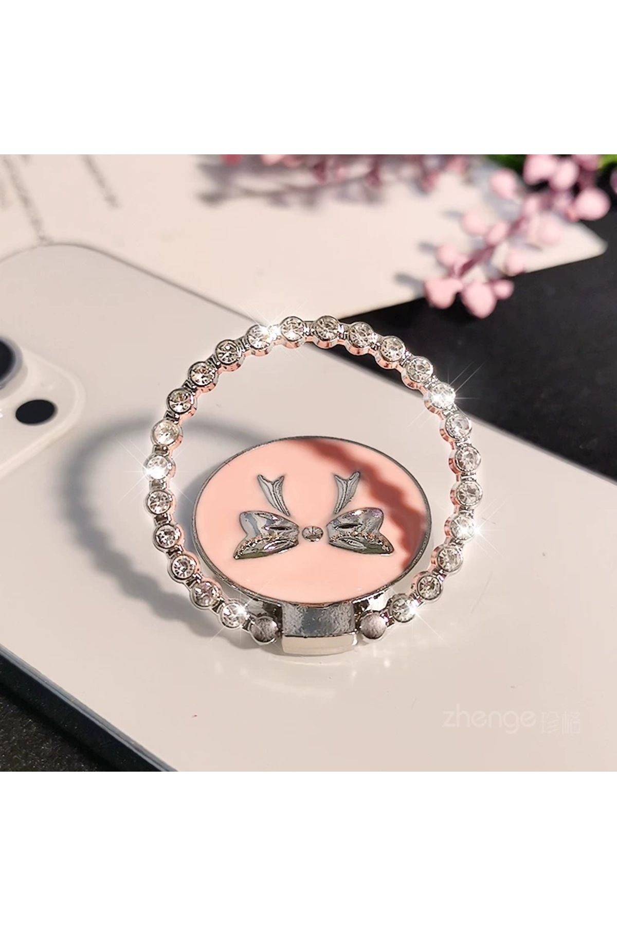 EDELFU Popsocket Gümüş Taşlı Halka Fiyonklu Metal Telefon Tutacağı Sert Yüzey Yapışkanlı Parmak Tutucu