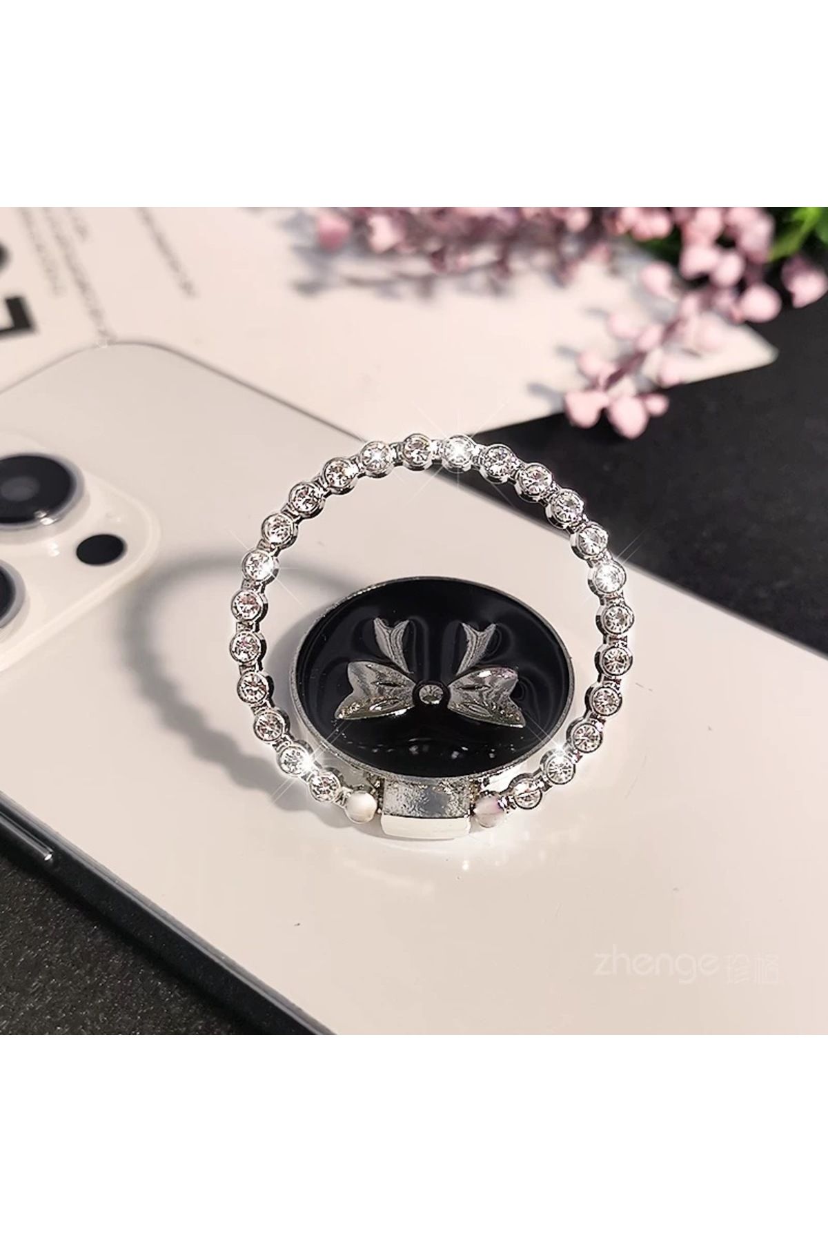 EDELFU Popsocket Gümüş Taşlı Halka Fiyonklu Metal Telefon Tutacağı Sert Yüzey Yapışkanlı Parmak Tutucu