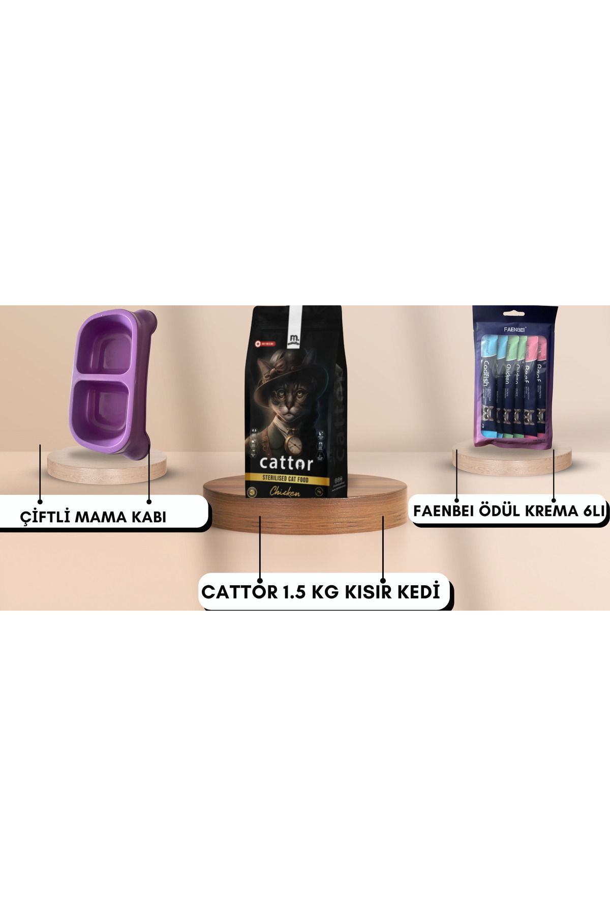 GÖKTULPAR Cattor 1.5 kg Kısır Kedi Çiftli Mama Kabı ve Ödül Krema 6 lı paket