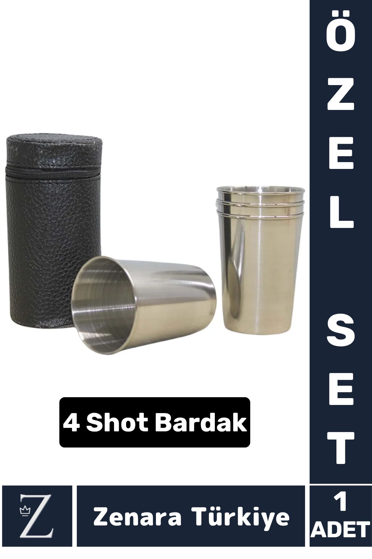 Zenara Yüksek Kaliteli Kamp Piknik Plaj Alkol Konyak Hediyelik Özel Set Deri Çantalı Gümüş 4 Shot Bardak