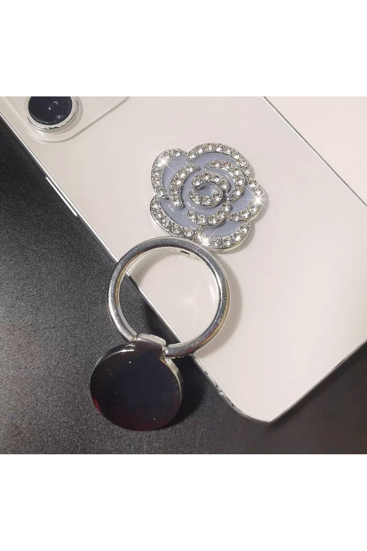 EDELFU Popsocket Gümüş Taşlı Çiçekli Metal Halka Telefon Tutacağı Sert Yüzey Yapışkanlı Parmak Tutucu