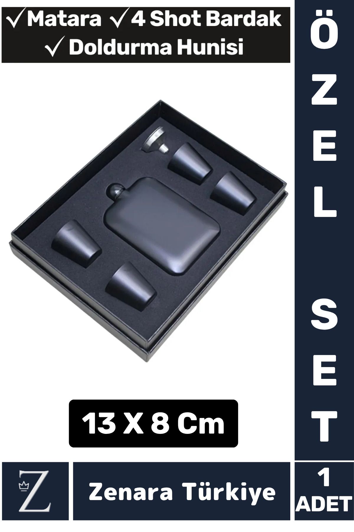 Zenara Piknik Kamp Plaj Outdoor Alkol Konyak Shot Bardak Huni Siyah Matara Premium Set