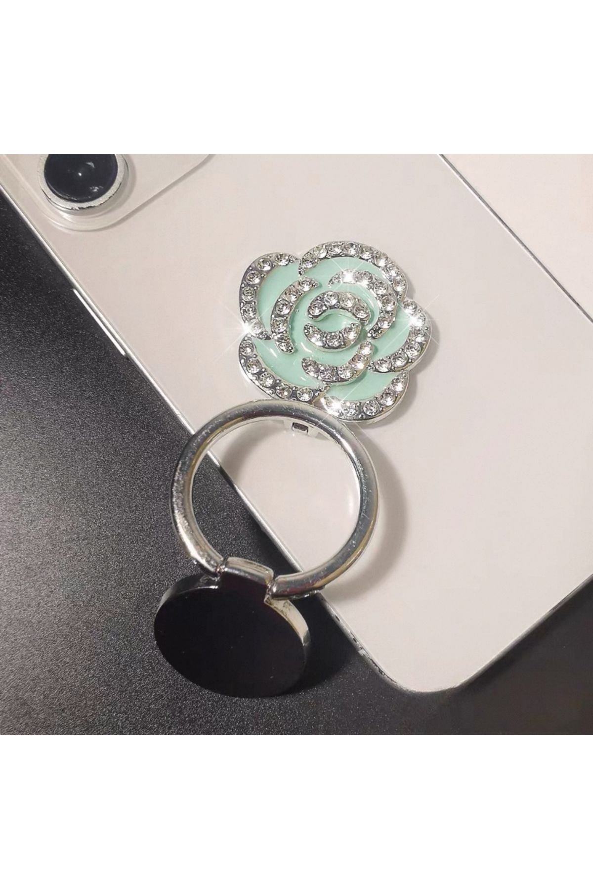 EDELFU Popsocket Gümüş Taşlı Çiçekli Metal Halka Telefon Tutacağı Sert Yüzey Yapışkanlı Parmak Tutucu
