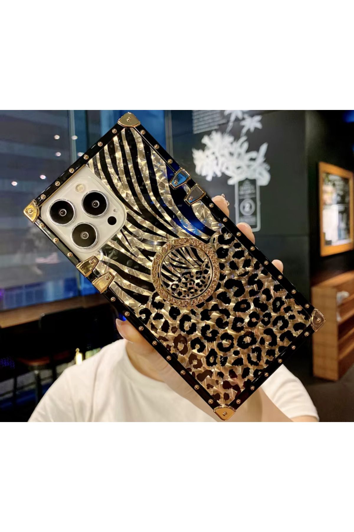 Newon iphone 13-14 Leopar Desenli Gold Çerçeveli Telefon Kılıfı Cover Case