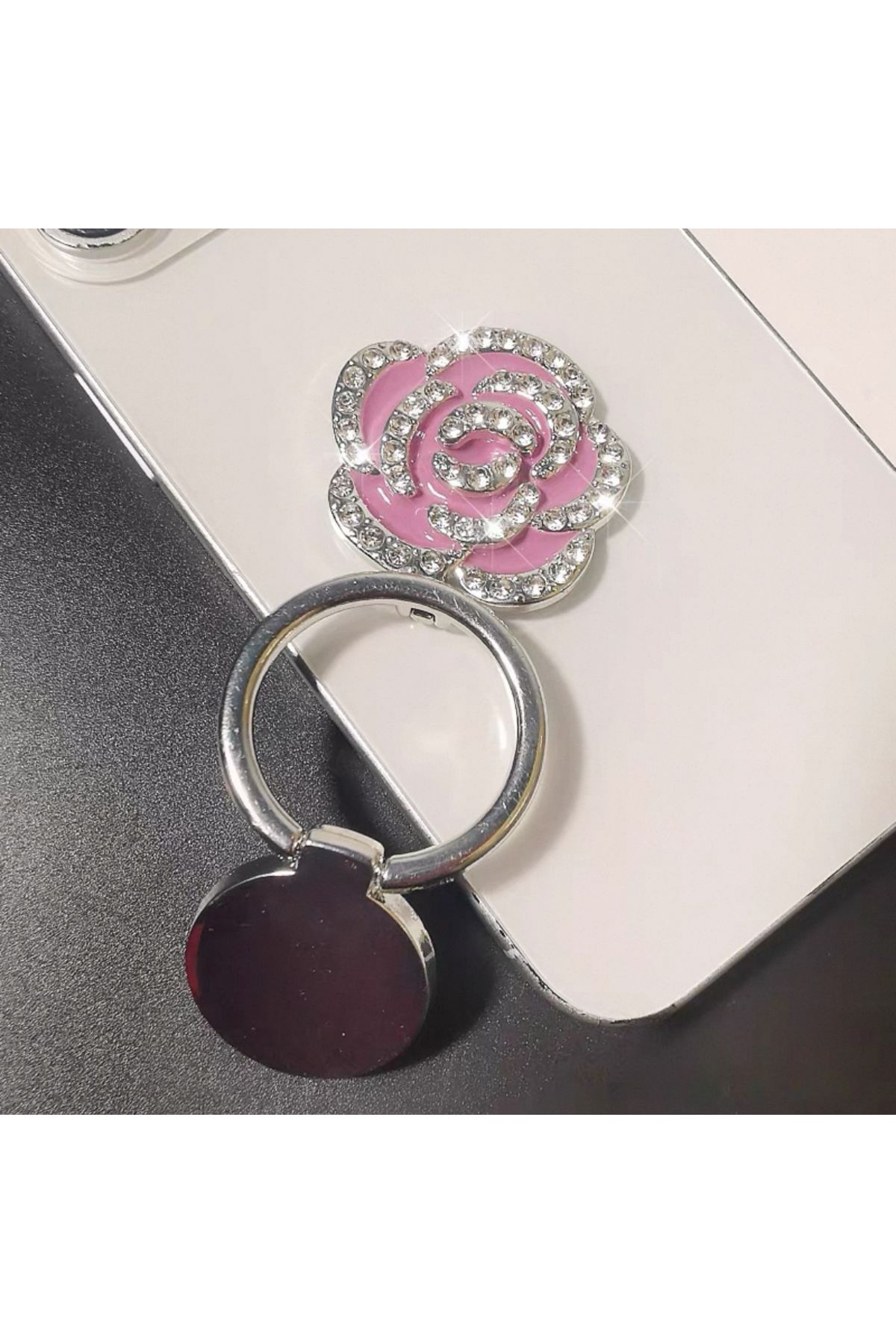 EDELFU Popsocket Gümüş Taşlı Çiçekli Metal Halka Telefon Tutacağı Sert Yüzey Yapışkanlı Parmak Tutucu