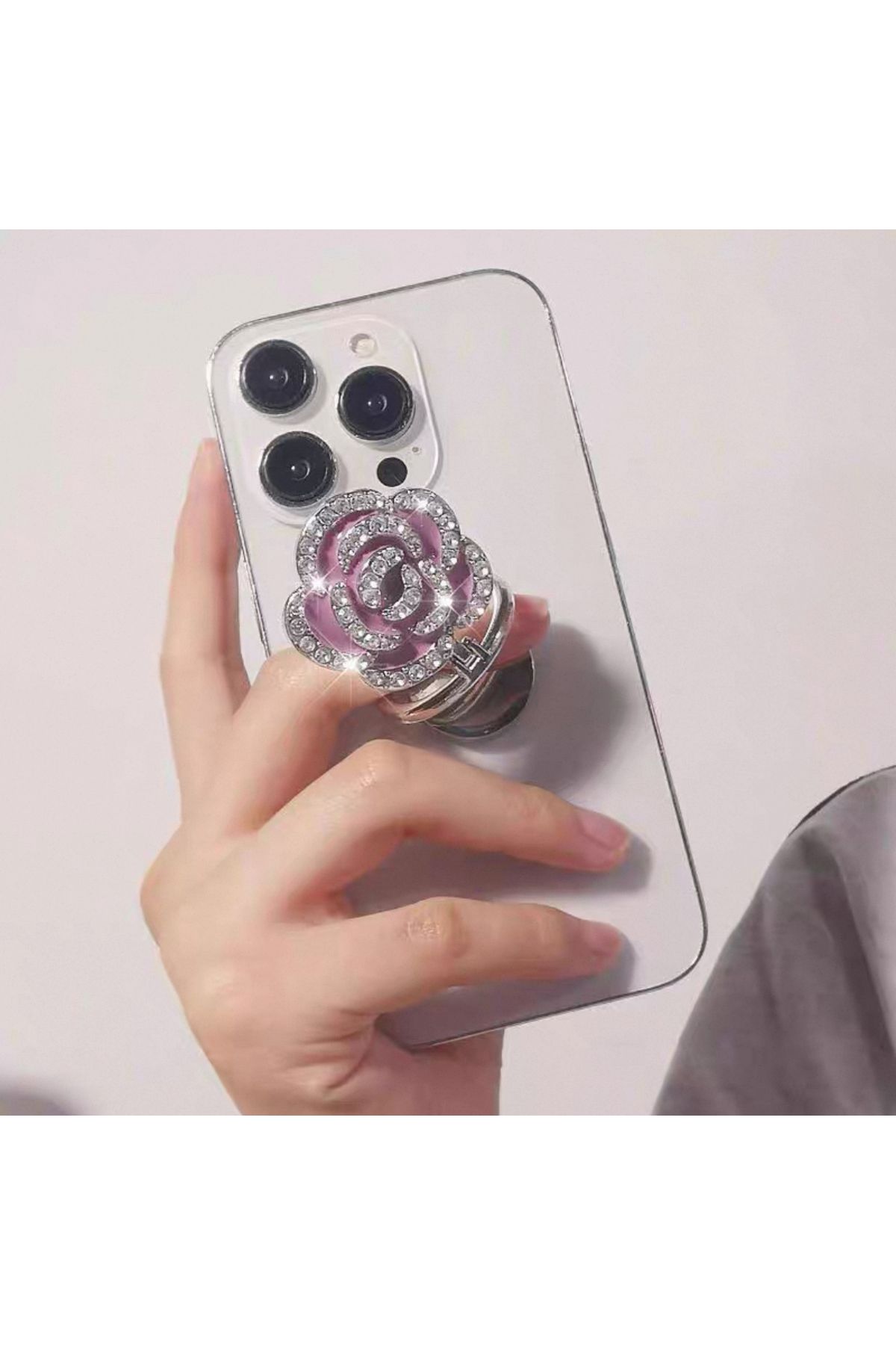 EDELFU Popsocket Gümüş Taşlı Çiçekli Metal Halka Telefon Tutacağı Sert Yüzey Yapışkanlı Parmak Tutucu