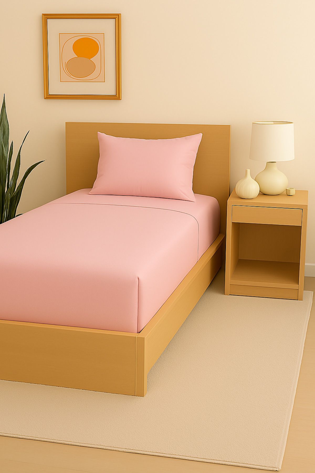 Uğurluel Home | Jersey | %100 Pamuk | Açık Pembe | Tek Kişilik Lastikli Çarşaf