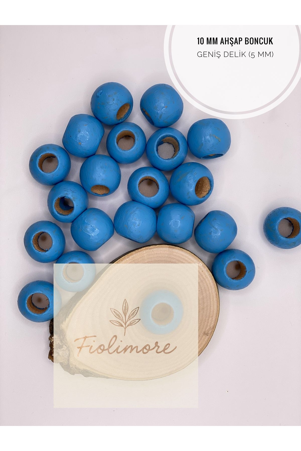 Fiolimore Mavi Ahşap Boncuk 10 mm (50 Gram 155 Adet) Delik Çapı 5 mm Yuvarlak Tahta Renkli Boncuk