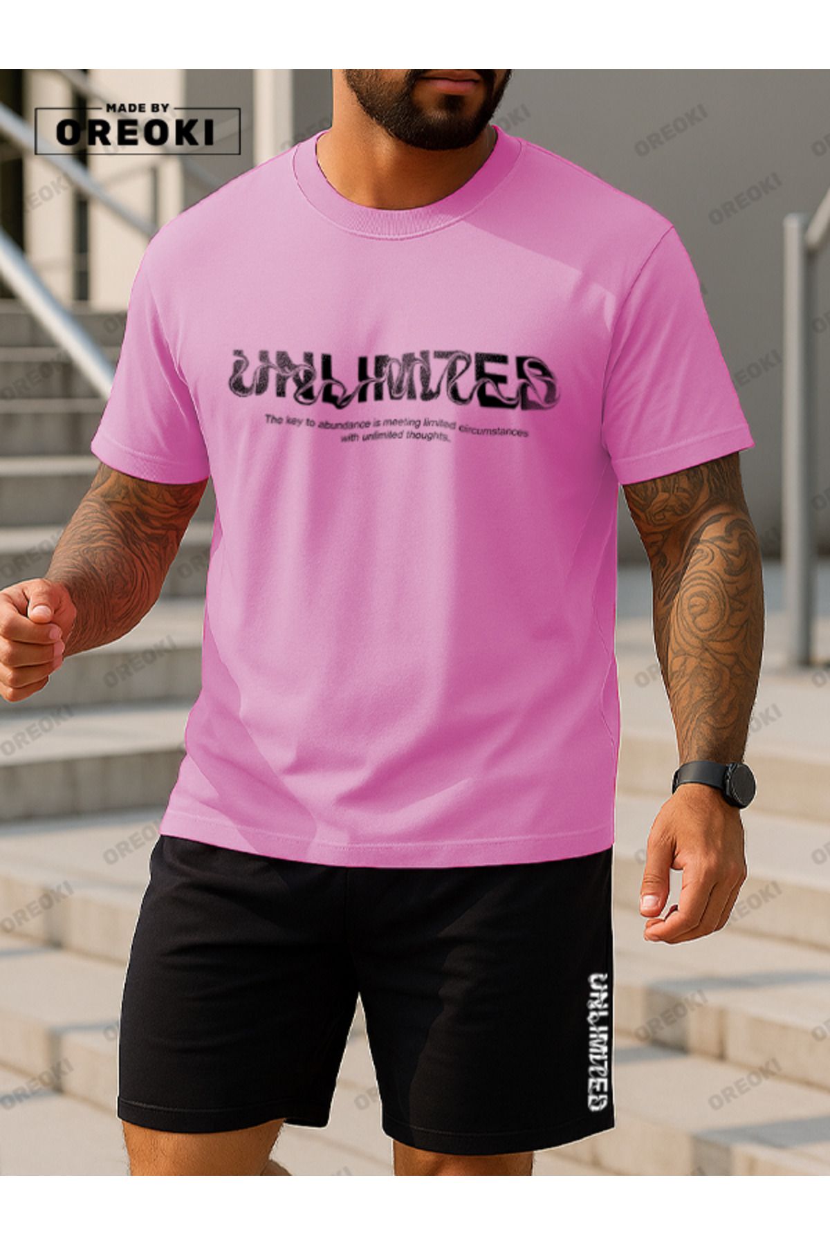 EFFRENATU Dalgalı Unlimited Baskılı Pamuklu Kumaş Erkek Pembe T-shirt-Siyah Şort Takım