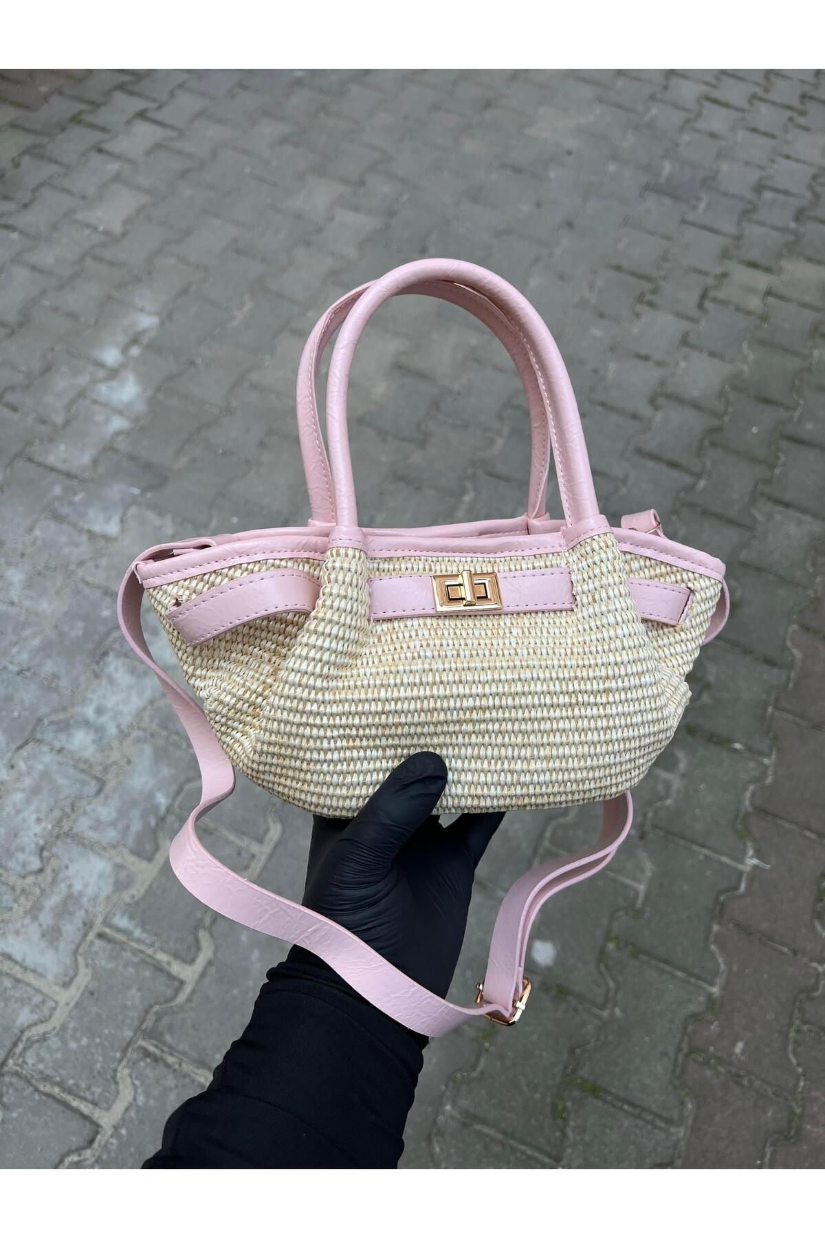 Mia Collection Gerçek Hasır Lima Model El Ve Kadın Omuz Çantası Pudra