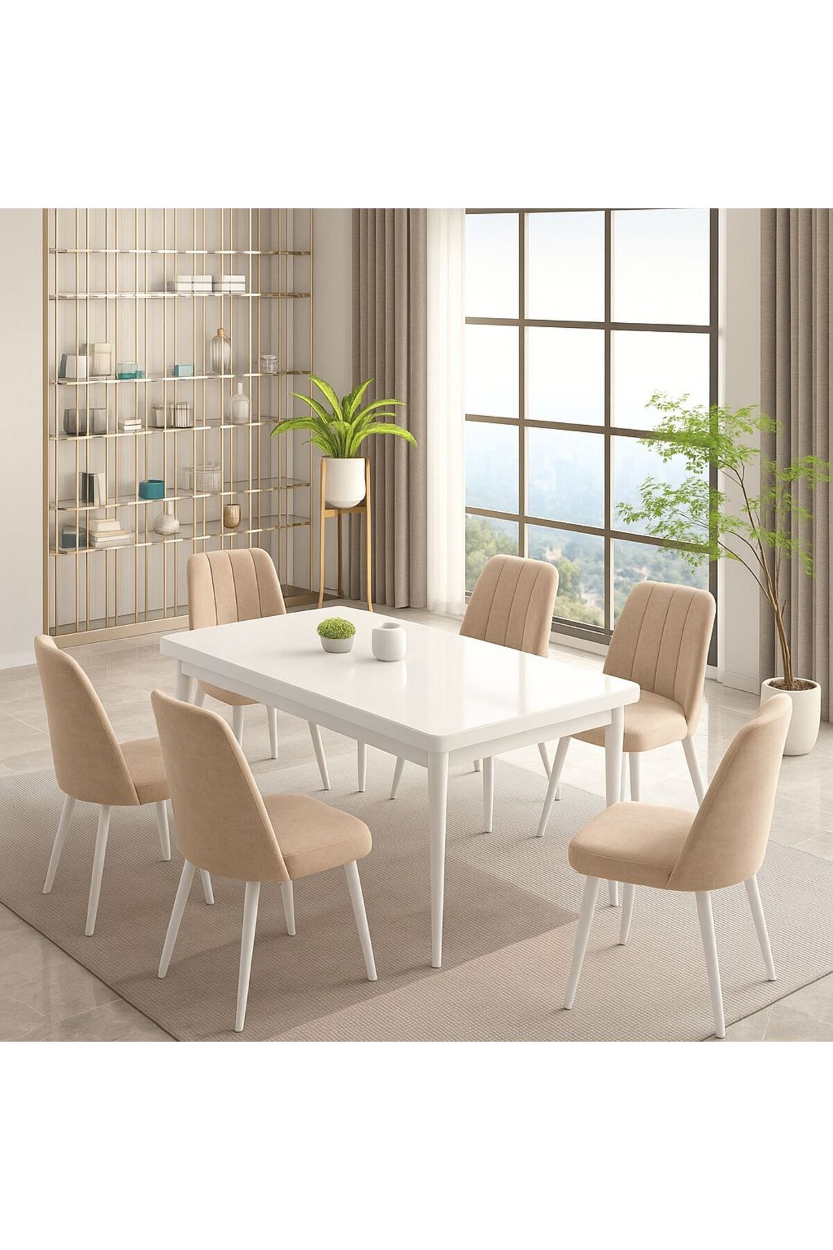 UZMHOME LALE Serisi Beyaz 80x130 Açılır Yemek Masası , Yemek Masa Takımı Metal Ayaklı 6 SandalyeLİ