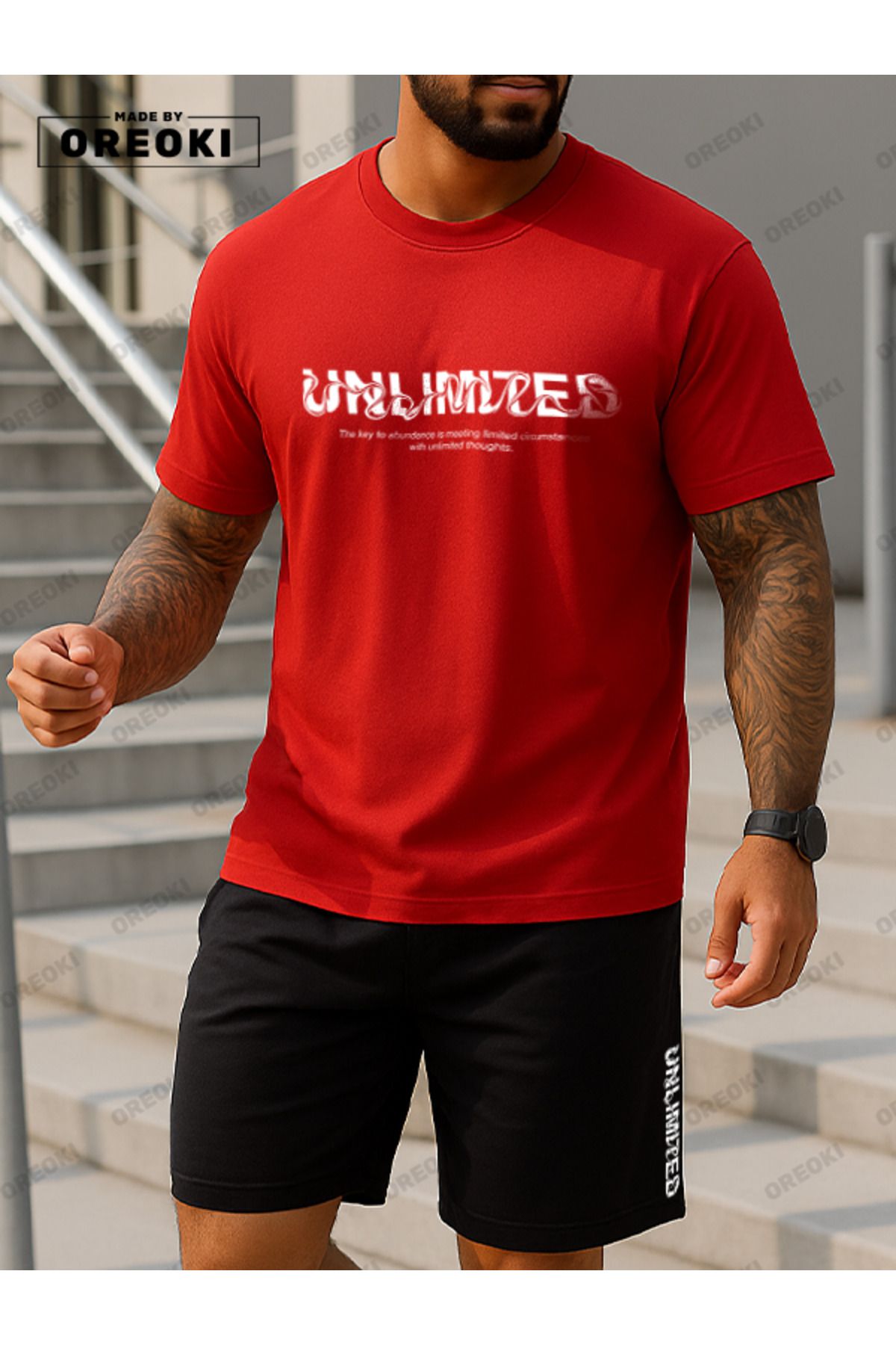 EFFRENATU Dalgalı Unlimited Baskılı Pamuklu Kumaş Erkek Kırmızı T-shirt-Siyah Şort Takım