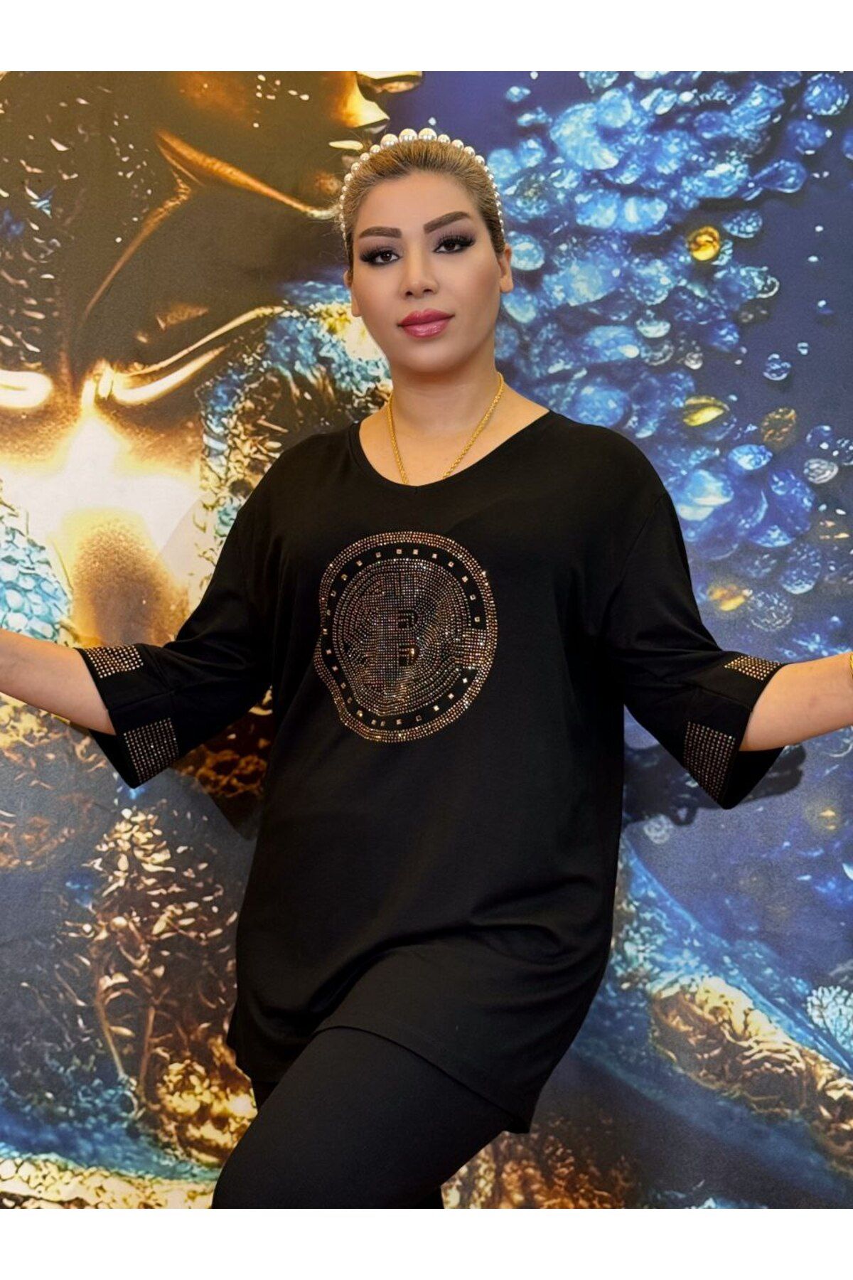 Yeşilmoda bluz,yarasa kollu,Taşli işlemeli,Yüksek kaliteli,pamuk ipliği,Siyah,Desenli