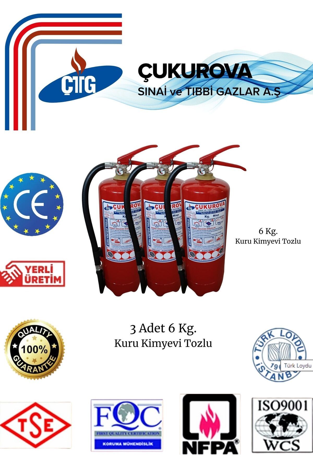 CTG 3 Adet Yangın Söndürme Tüpü/6 Kg Kuru Kimyevi Toz/Askı Aparatı/Fosfor Levha/Ev,Otel,Hastane,Okul