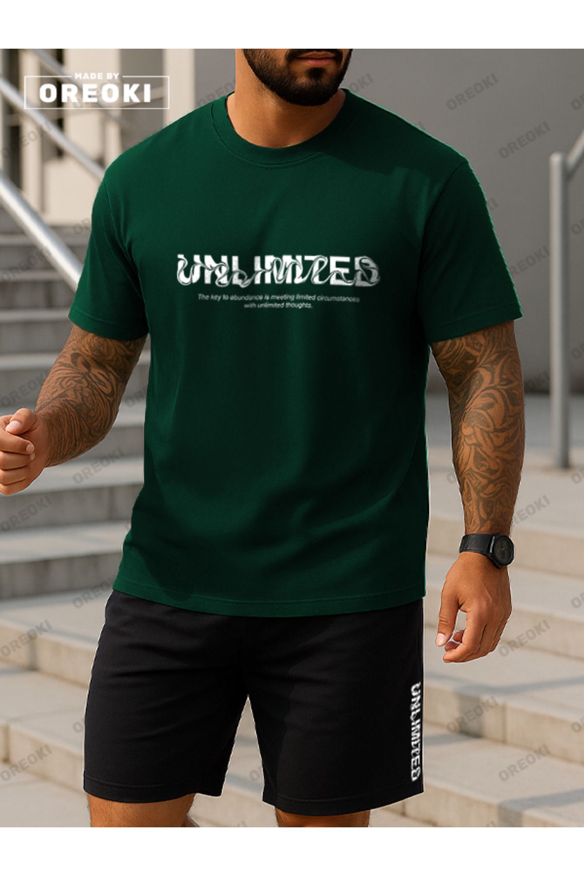 EFFRENATU Dalgalı Unlimited Baskılı Pamuklu Kumaş Erkek Orman Yeşili T-shirt-Siyah Şort Takım