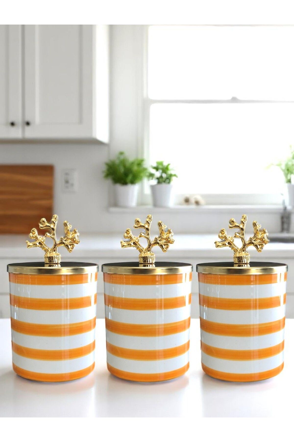 ferayhome Baharatlık 3 lü Set Kahve Köşesi 750 ml Hacimli Klasik Zebra Soft Sarı Gold Mercan - Feray Home