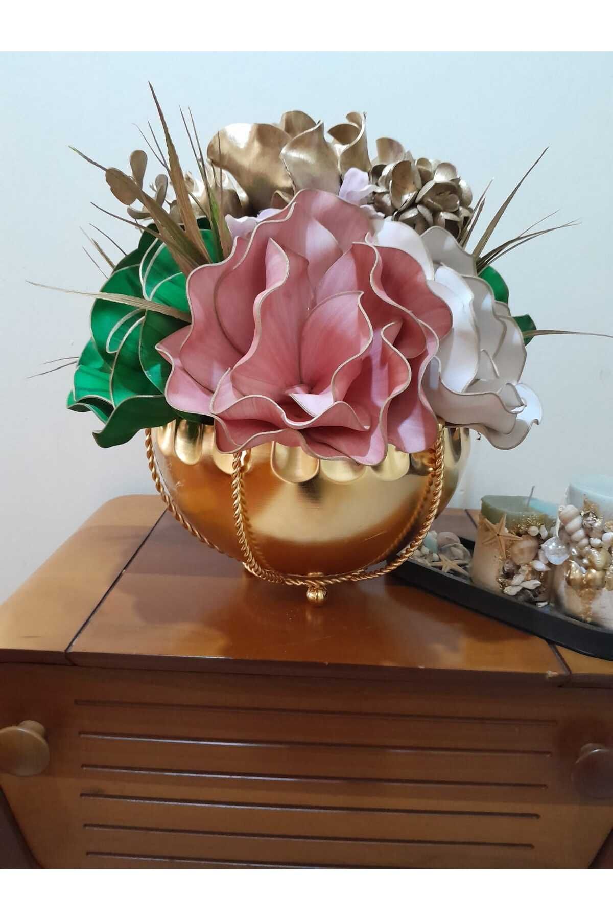 Hatem dekor flower Büyük Boy Gold Metal Vazoda Latex Aranjman Hediyelik Yapay Çiçek Dekoratif Latexs Aranjman