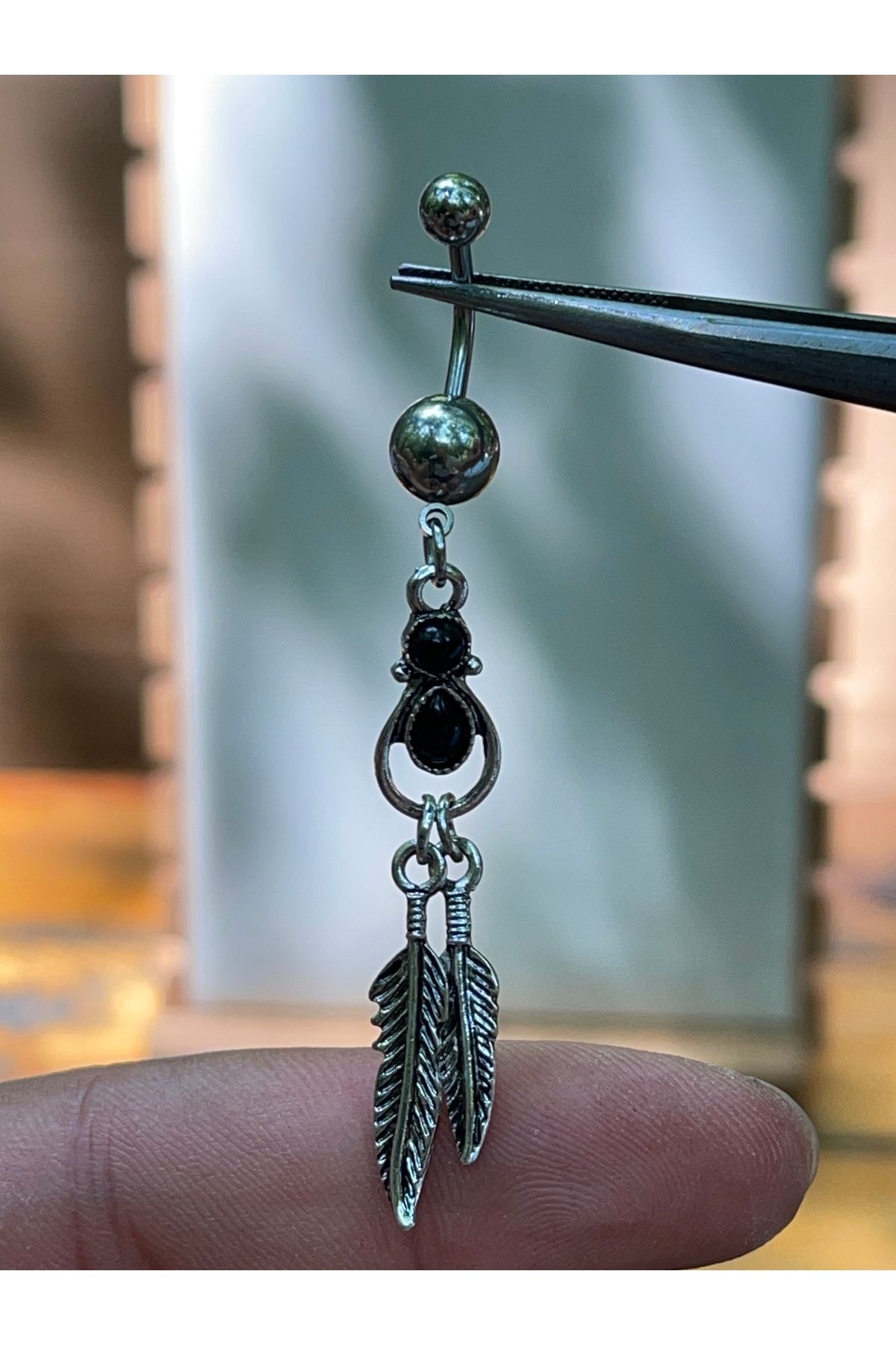 Rupen Kraft 316 L Cerrahi Çelik Yaprak Sallantılı Siyah Taşlı Göbek Piercingi