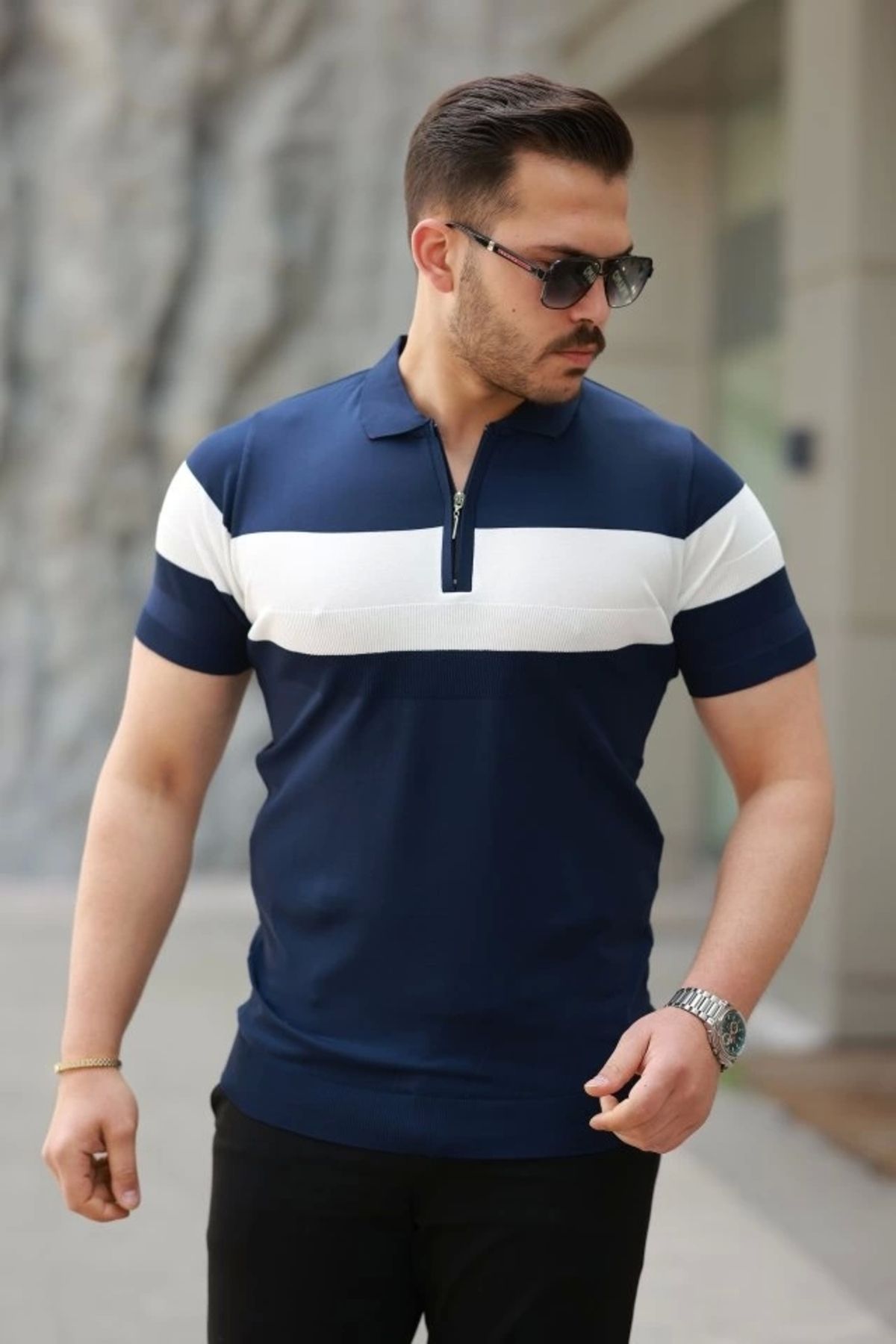 Butik Erkek Fermuar Yakalı şerit Renk Desenli Kısa Kollu Tişört